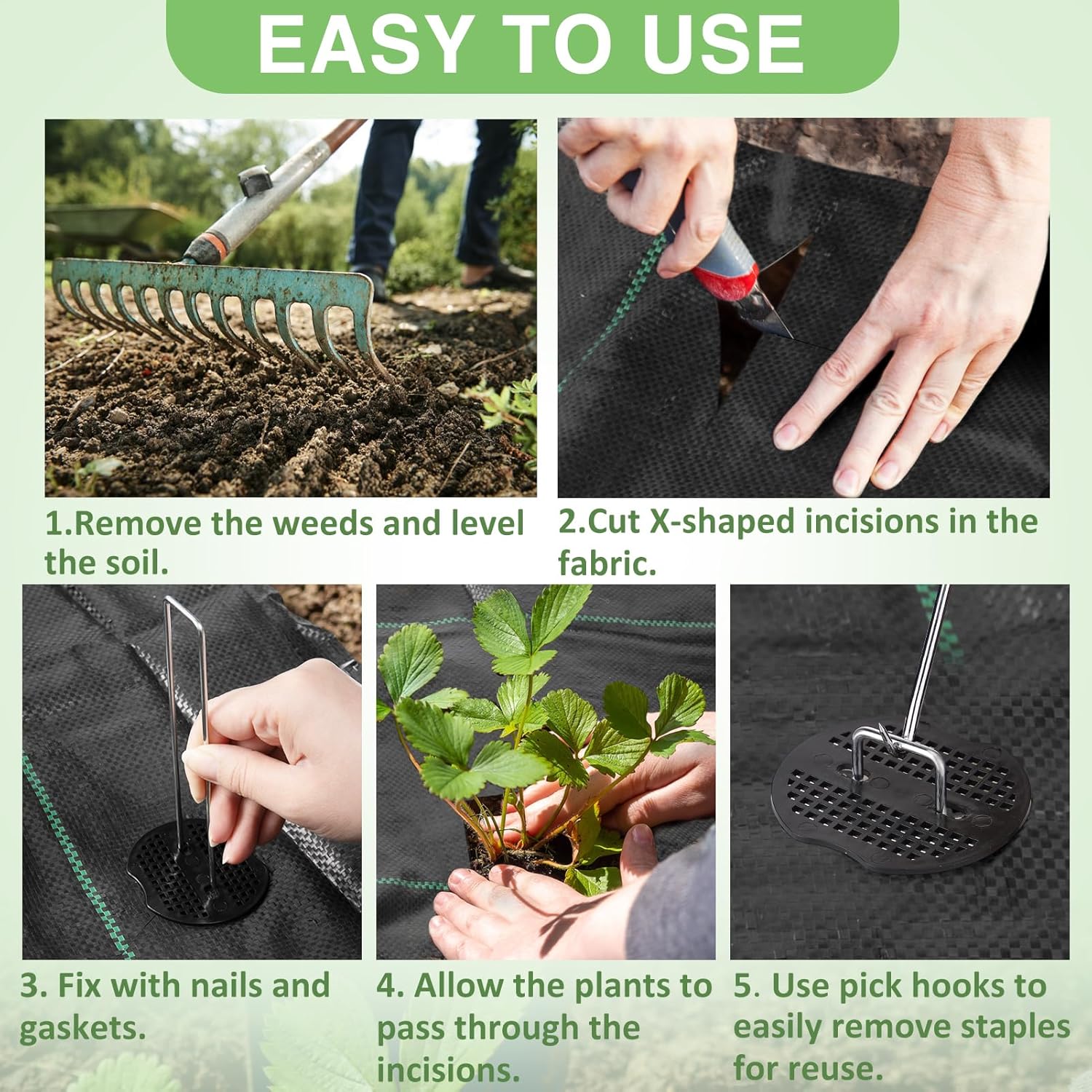PAMASE Landscape Weed Barrier Fabric - 40pcs Tear-Proof Gaskets, 40pcs Garden Stakes, Pick Hook, 3.2oz Heavy Duty Outdoor Ground Cover Weed Cloth Control - 3 x 100ft