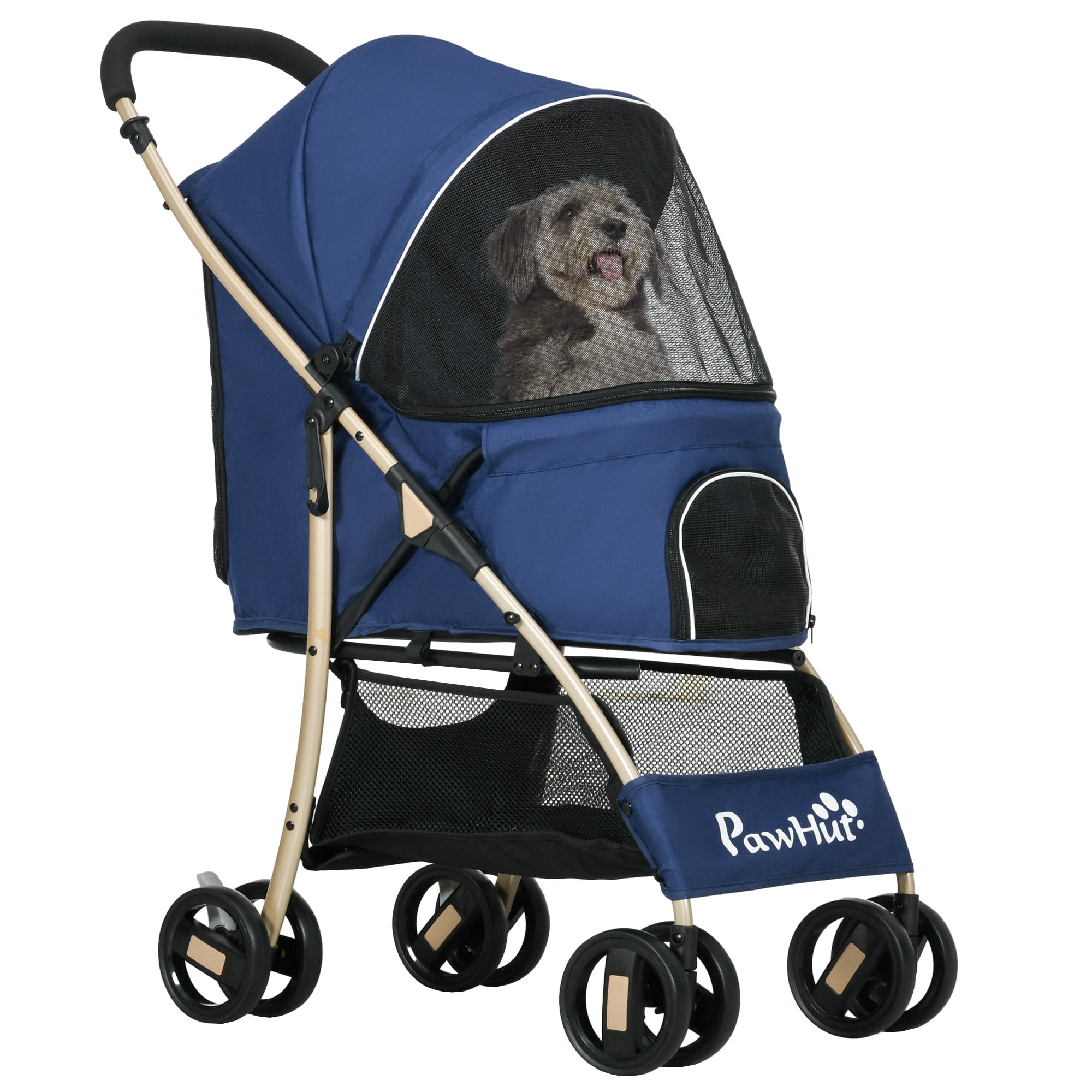 PawHut - Cochecito para perros con buggy plegable carrito plegable cesta de almacenamiento correas de seguridad, cojín incluido ruedas con freno de tela 600D Oxford acero dim. 80 x 44,5 x 97 cm, azul