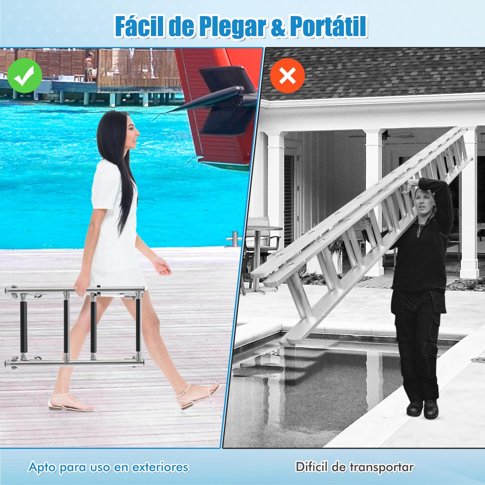 RELAX4LIFE Escalera de Barco Plegable de Acero Inoxidable con 4 Peldaños, Escalera de Piscina con Peldaños Antideslizantes de PVC para Barco, Piscina y Puerto, Carga 200 kg (Modelo 1)