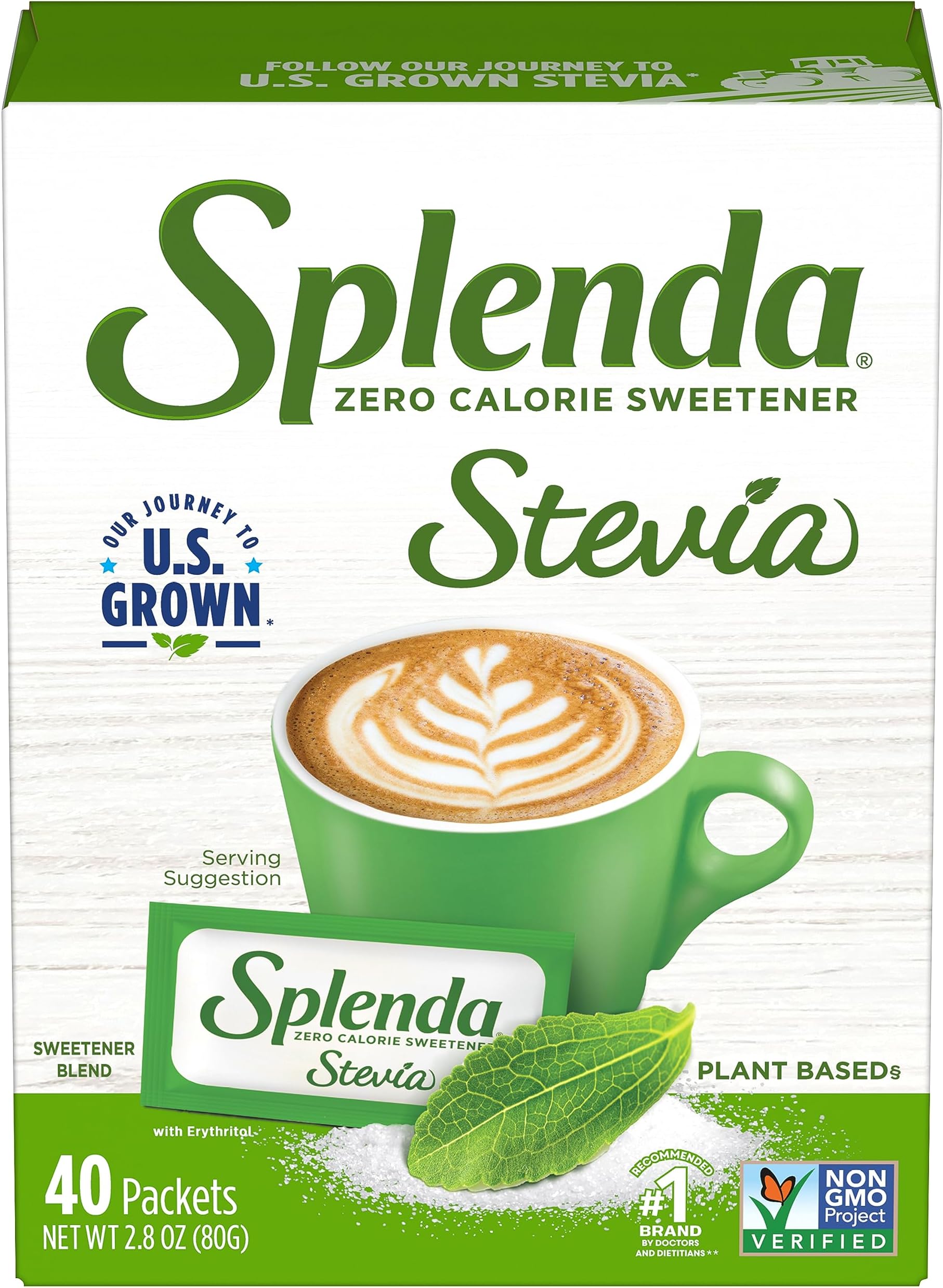 SPLENDA Stevia Zero Calorie Sweetener, Plant Based Sugar Substitute Granulated Powder, Single Serve Packets, 40 Count