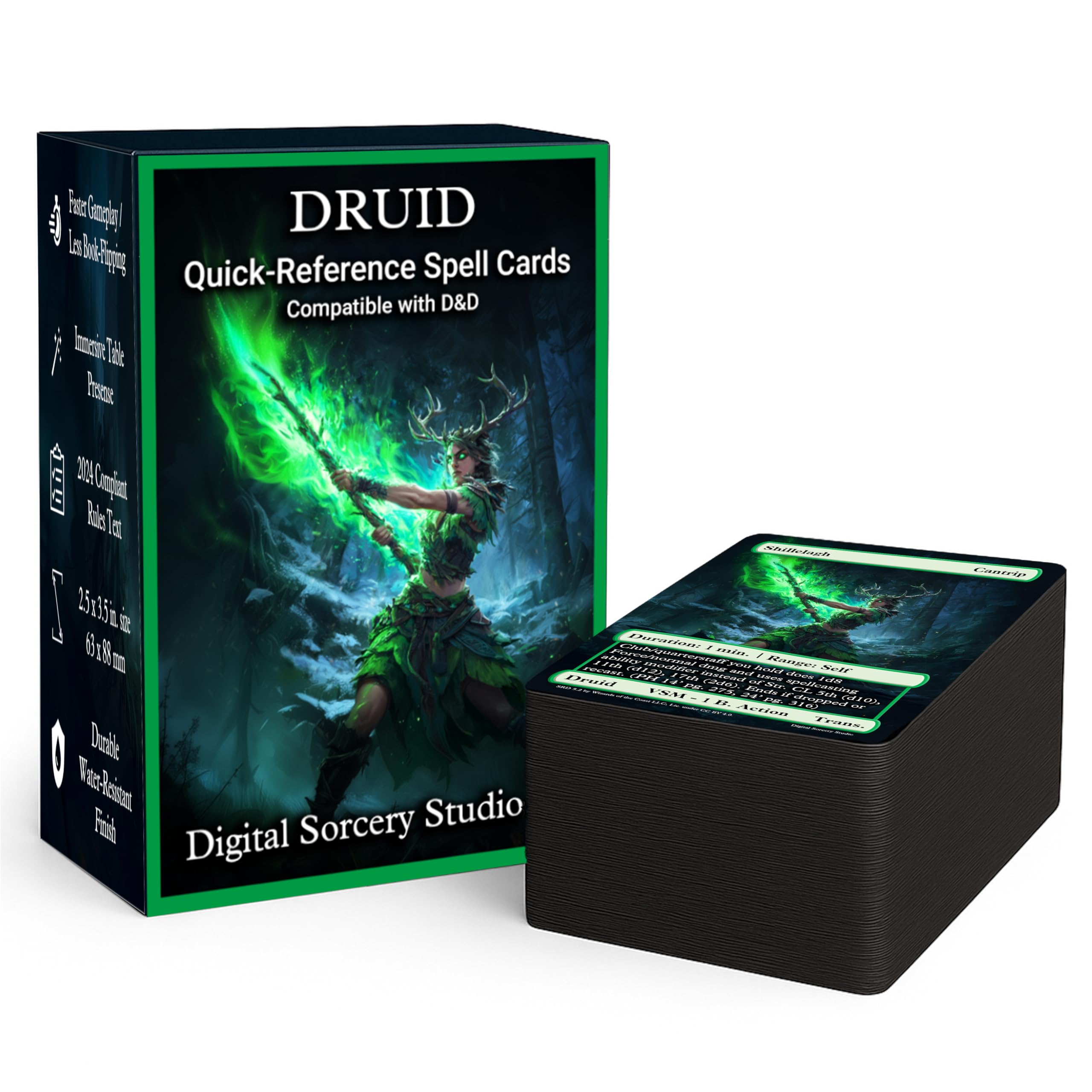 Photo 1 of Digital Sorcery Studio Druid Spell Cards 5e 2024 Full Art Cards – Compatible with D&D – Laminated Water Resistant DND Accessories – Quick Reference Spellbook Card Deck for Druids