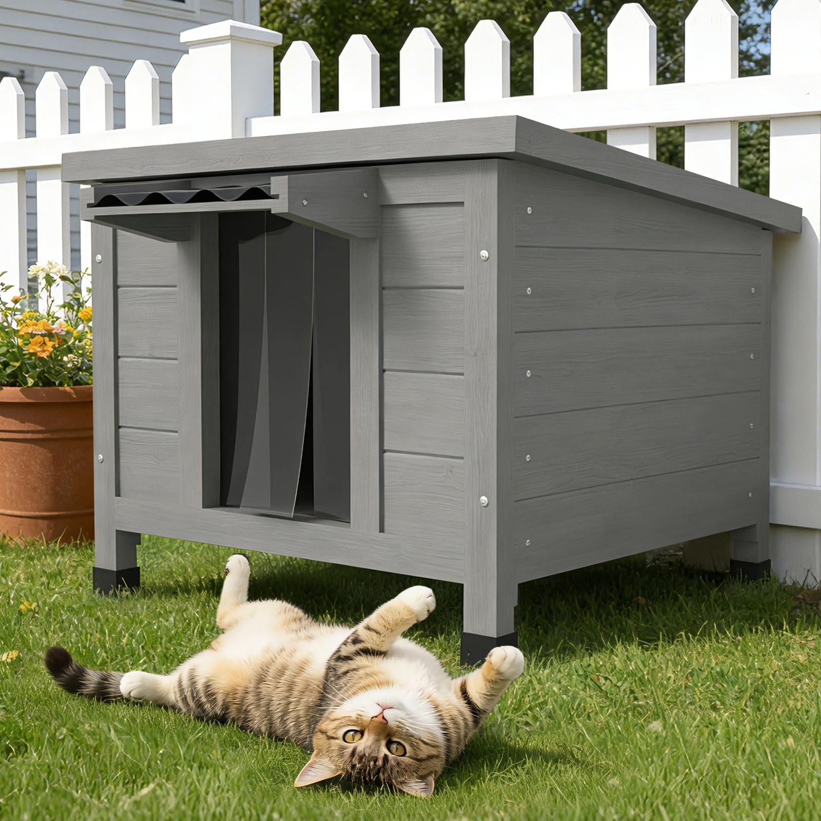 TIMHAKA Outdoor Cat House Weatherproof, Large Feral Cat Shelter with Raised Floor, Sloped Roof & PVC Door Flaps, Wooden Outdoor Cat Enclosure for Feral Cats, 21.3" L x 19.9" W x 18.9" H, Grey