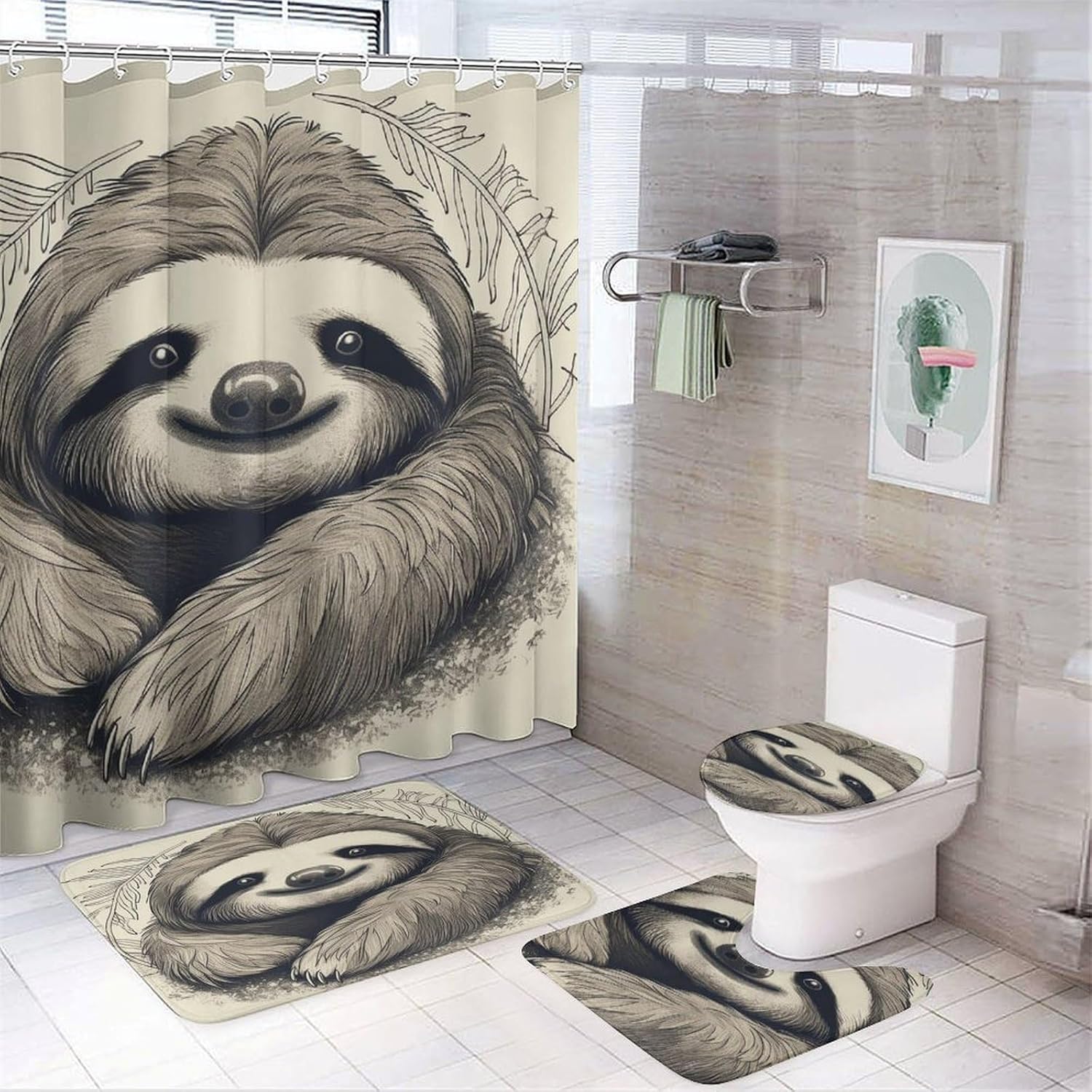 Four Piece Bathroom Set with Toilet Lid Cover and Non-Slip Rugs Minimalist Shower Curtain for Bathroom Set