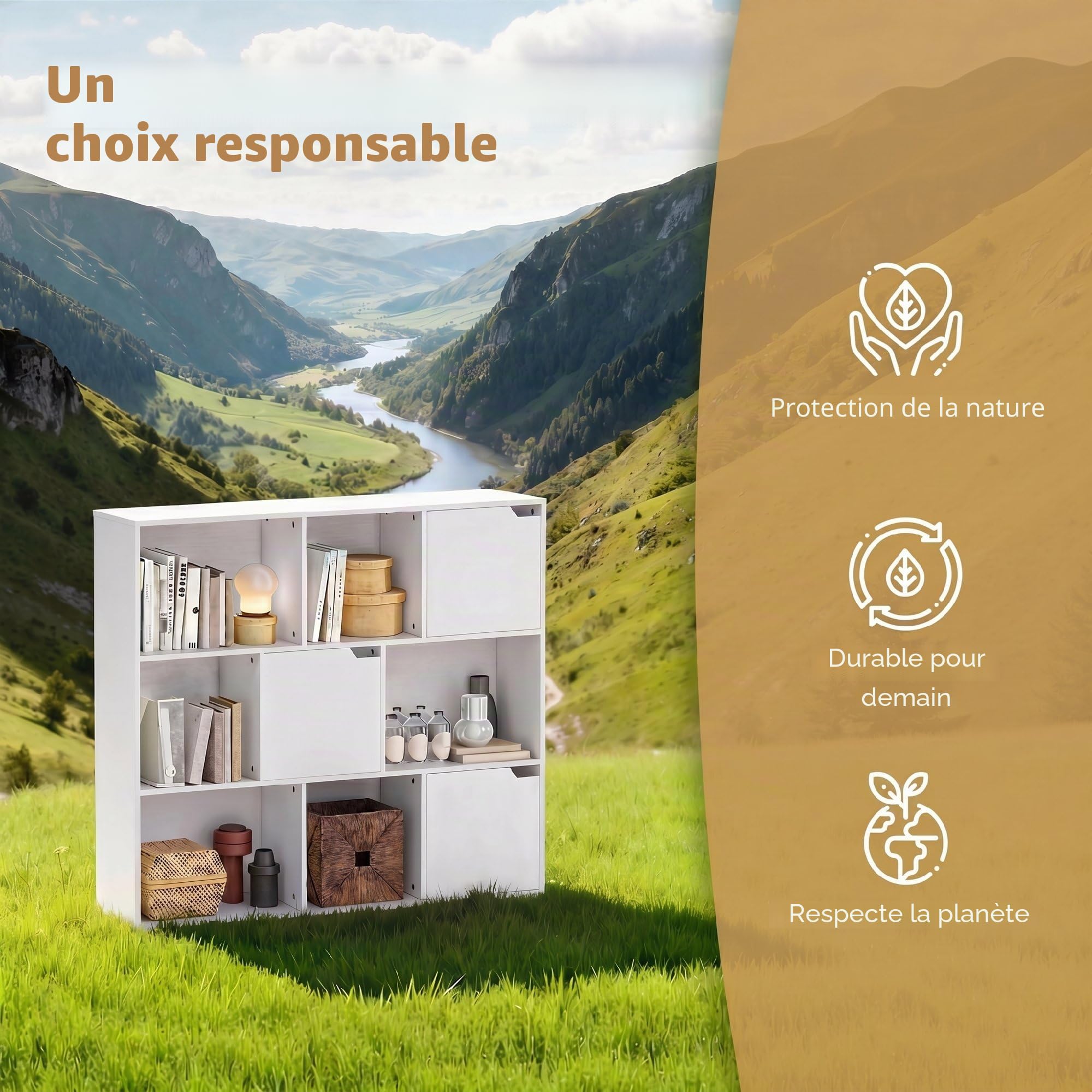 HOMCOM Bibliothèque Étagère de Rangement Étagère de Bureau avec 9 Compartiments cubiques, 3 Portes, 6 étagères Ouvertes Étagère d'affichage pour Home-Office Salon Blanc 106 x 24 x 95 cm