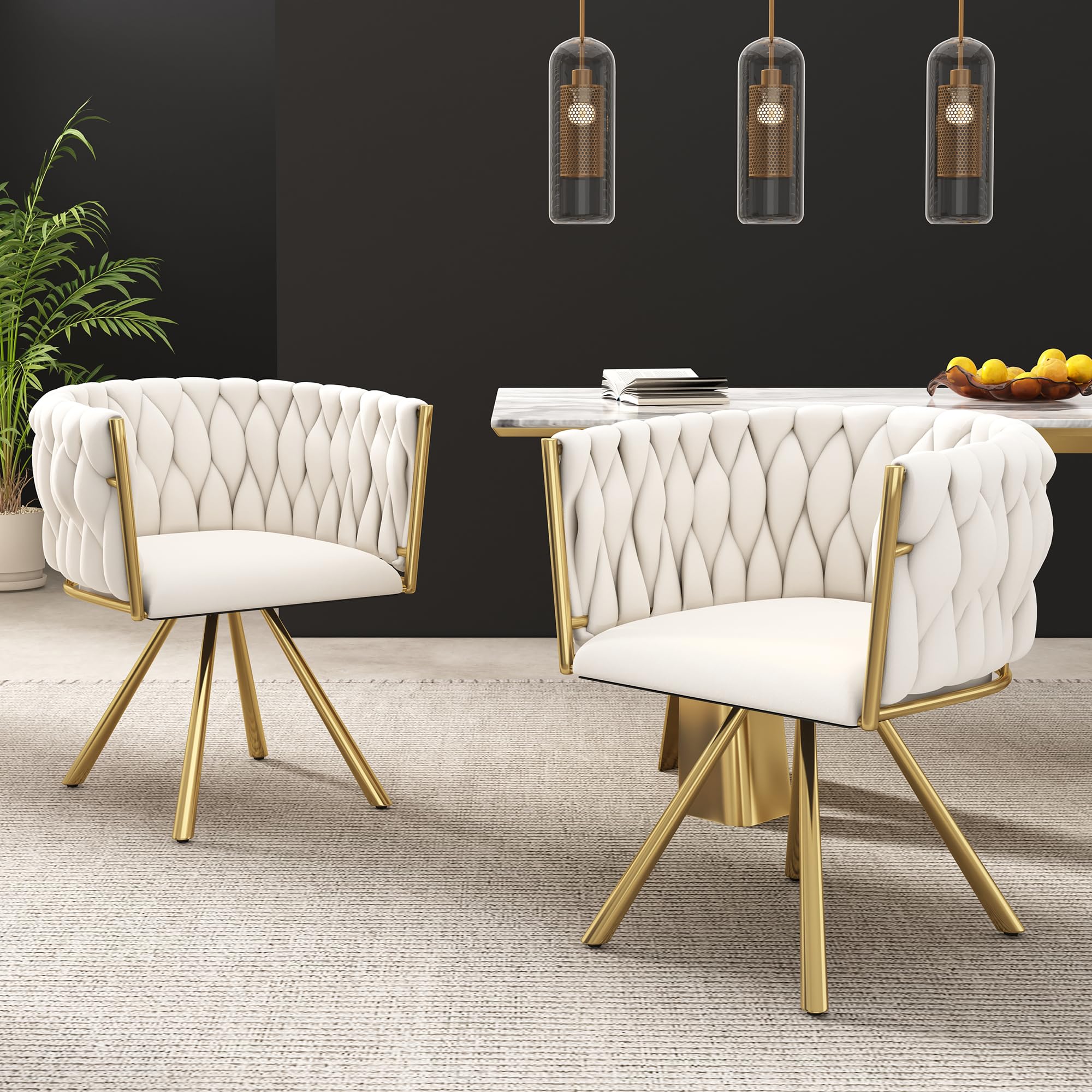 Sillas de Comedor de Terciopelo Juego de 2, Silla Cocina con Respaldo y Apoyobrazos Sillas de Salon Moderno Cuatro Patas de Soporte de Metálicas Beige y Dorado
