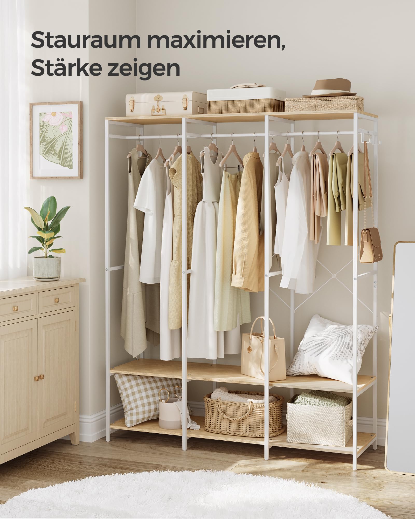SONGMICS Kleiderschrank offen, Kleiderständer, Garderobenständer, Garderobe mit Kleiderstange, Ablagen, abnehmbare Haken, 40 x 141 x 180 cm, naturbeige RGR005W67