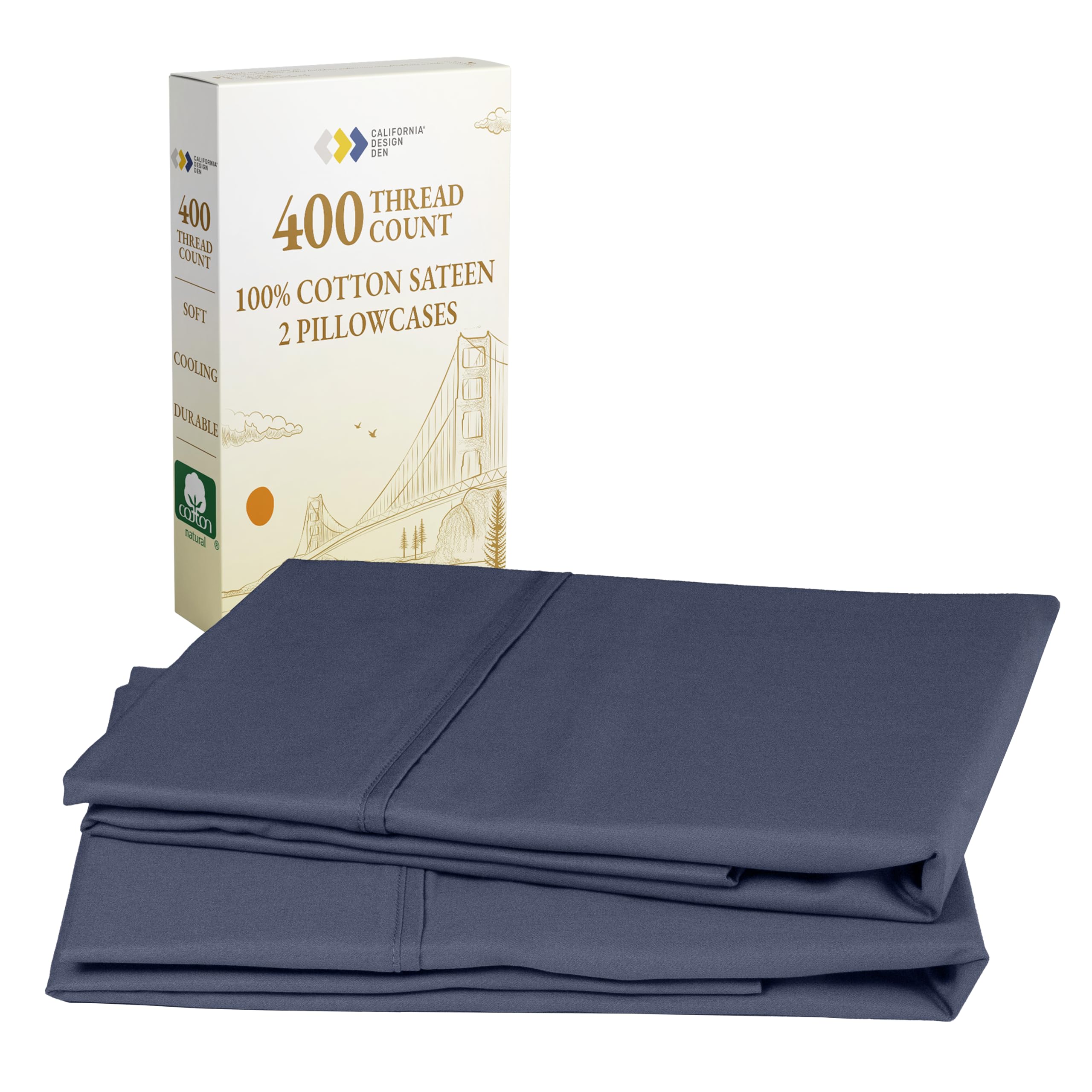 California Design Den 400 Thread Count 100% Cotton Pillow Cases, Indigo Navy Blue Standard Pillowcase Set of 2, Long - Staple Combed Pure Natural Cotton Pillowcase, Soft & Silky Sateen Weave