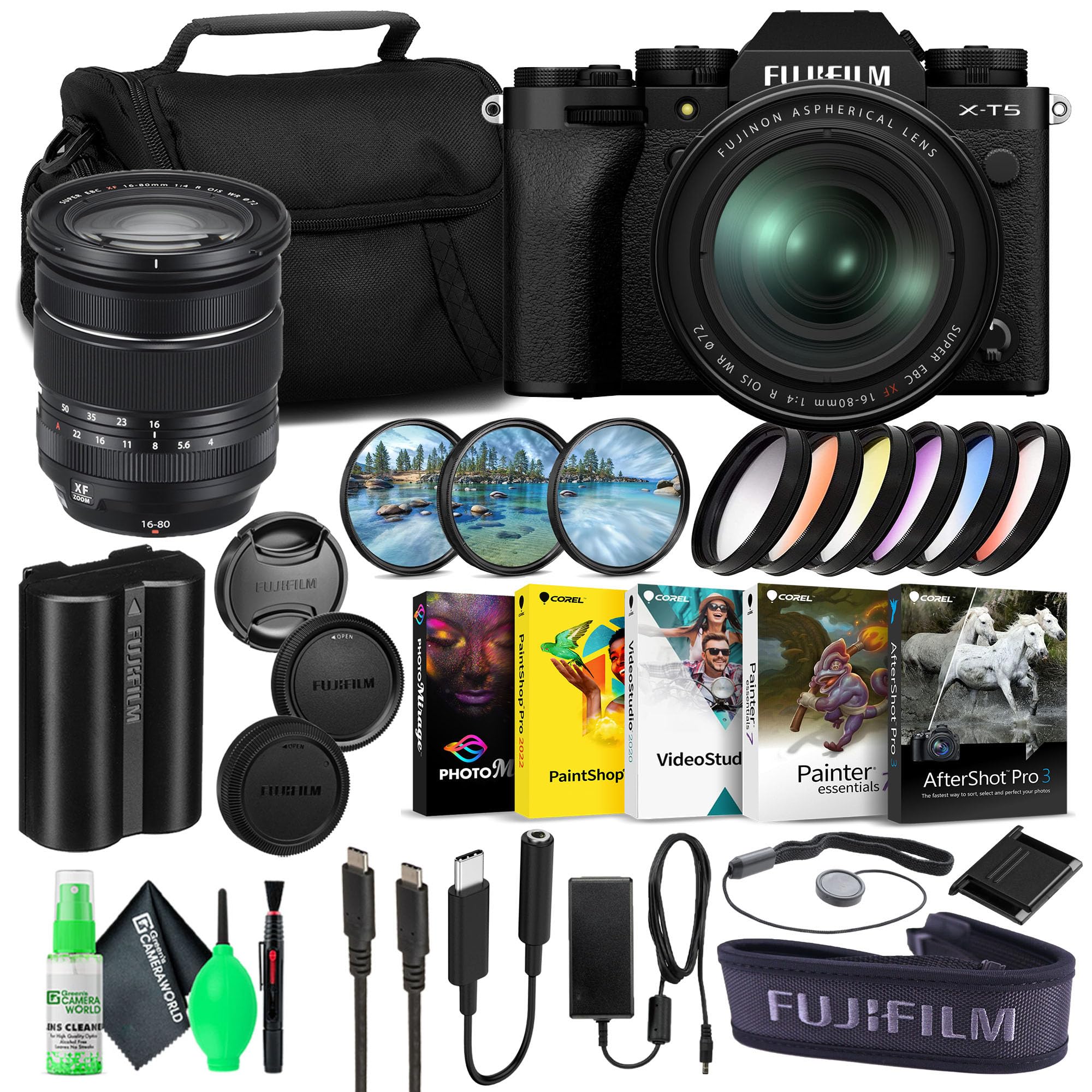 Fujifilm X-T5 Mirrorless Digital Camera with 16-80mm Lens (Black, 16782636) Bundle with Corel Editing Software + Graduated Color Filters + Large