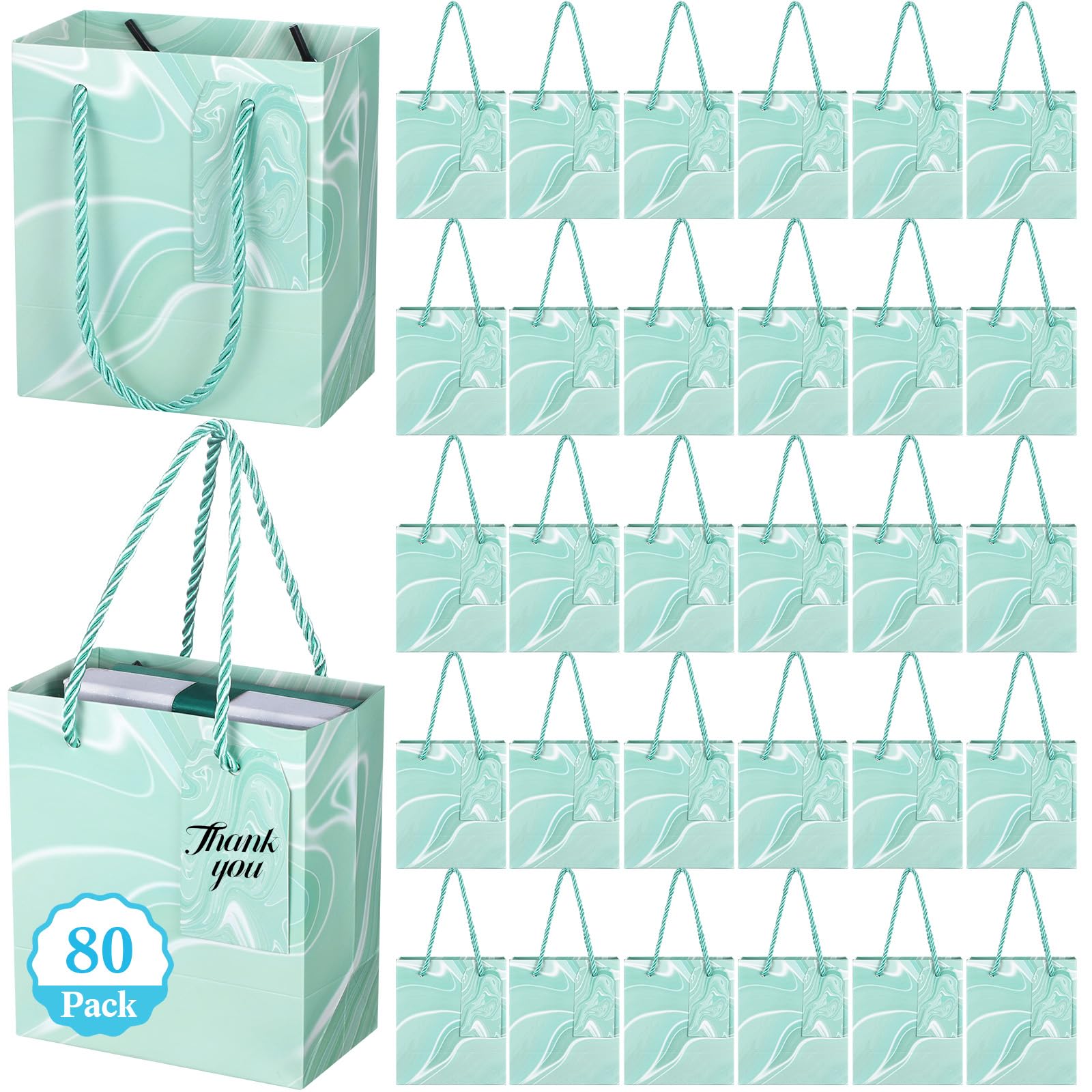 Zhanmai Mint Green Mini Gift Bags with Handles Bulk 80 Pcs 4.3x2.5x5 Inches Small Thank You Paper Goodie Bags Bulk Valentines Day Birthday Wedding
