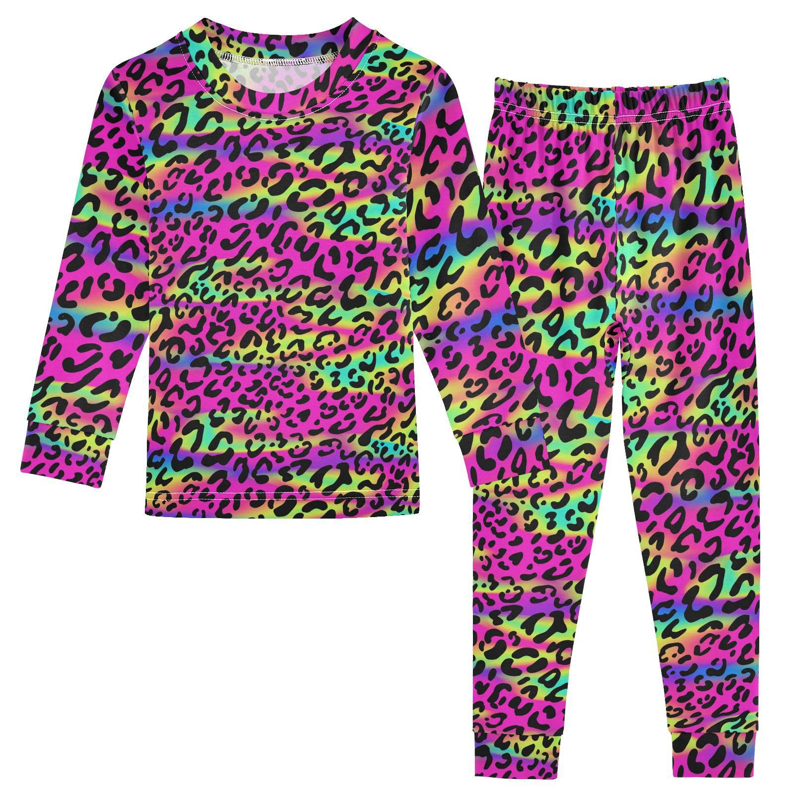 ALAZA Rainbow Leopard Print Cheetah Neon 2 Piece Pajama Set Long Sleeve Top and Pants Sleepwear Unisex 5T