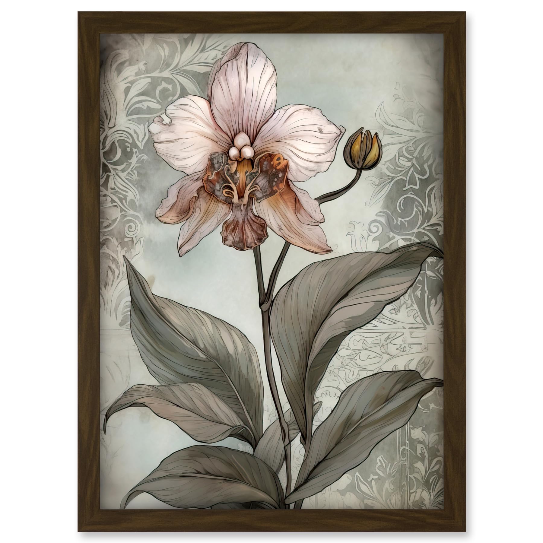 Artery8 Art Nouveau Pink Orchid Bloom Flower Watercolour Artwork Framed A3 Wall Art Print