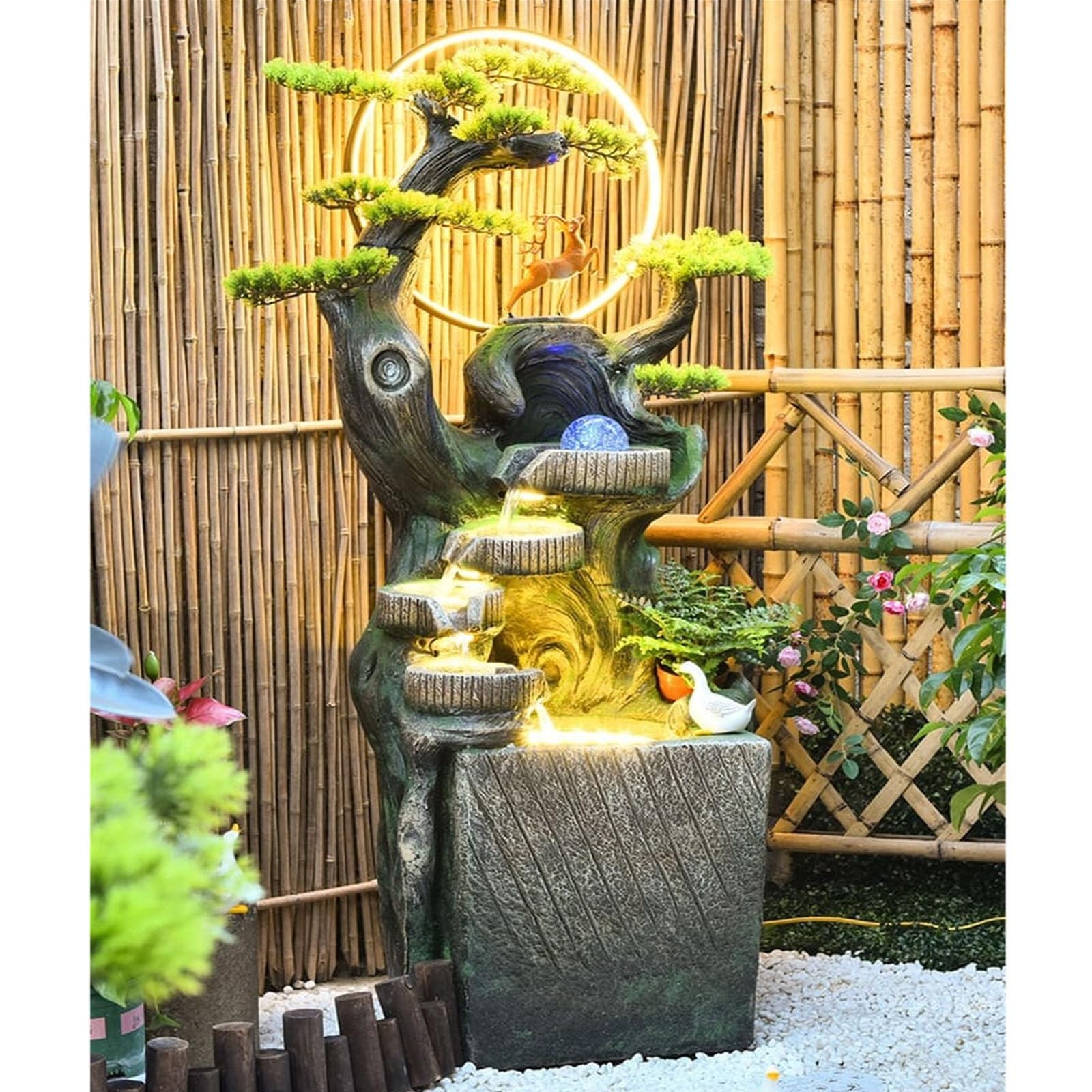 Fuente de suelo de pie para sala de estar, Adornos de agua que fluyen en el patio, fuente circulante, sala de estar Humidificador de agua circulante de alta montaña Oficina Recepción Decoración Fuente
