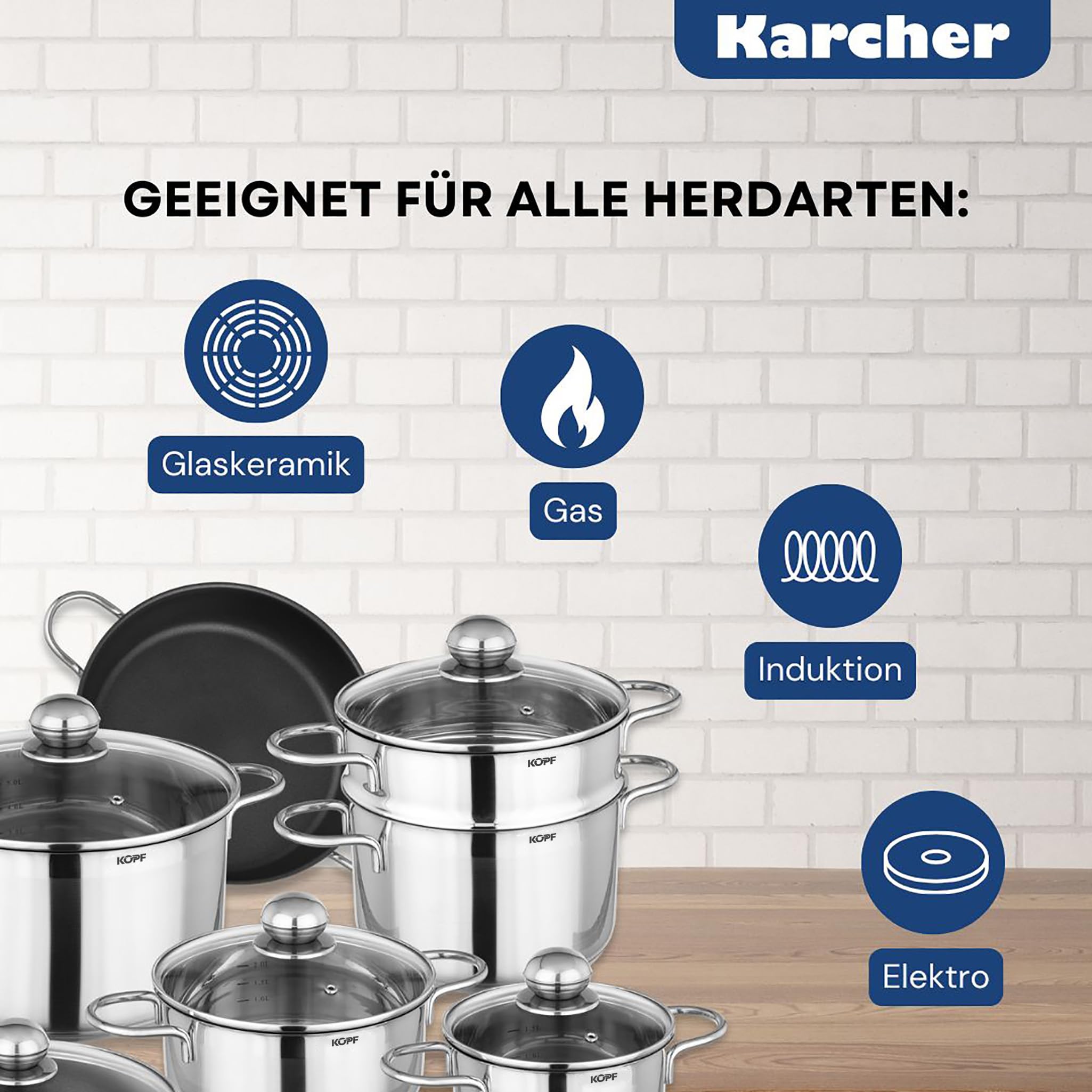 Kopf Topfset Josie aus Edelstahl - Induktionstöpfe mit Schüttrand, Literskala und Glasdeckel – 14-teilig