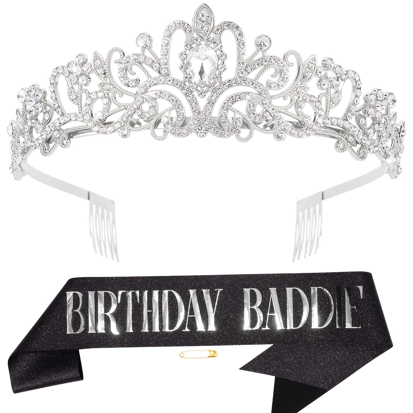 Birthday Crown and Sash for Women, Hapdoo BIRTHDAY BADDIE Decorations Set - Rhinestone Tiara Set and Sash for Women Girls, Headband Hair Accessories