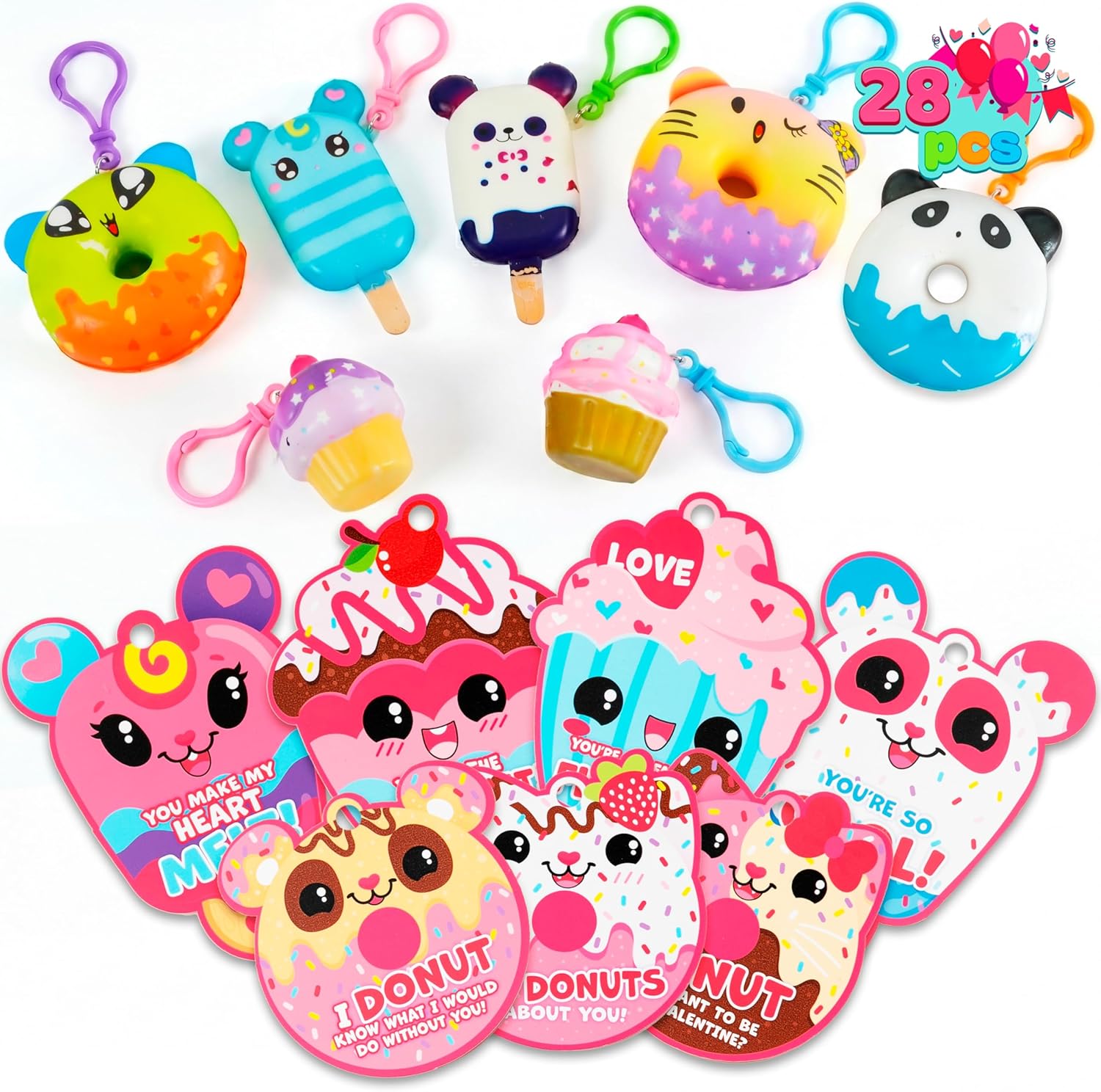 JOYIN 28 Packs Valentine Dessert squishy toys Stress Relief Keychains with Cards for Classroom Exchange Prizes, Fidget Toy Valentine’s Greeting Cards, Valentine Party Favors, Exchange Gifts