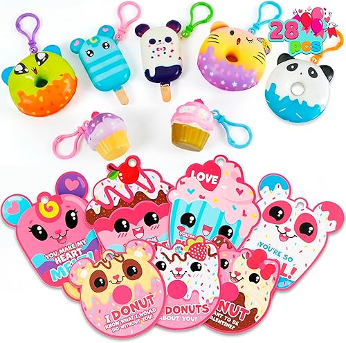 JOYIN 28 Packs Valentine Dessert squishy toys Stress Relief Keychains with Cards for Classroom Exchange Prizes, Fidget Toy Valentine’s Greeting Cards, Valentine Party Favors, Exchange Gifts