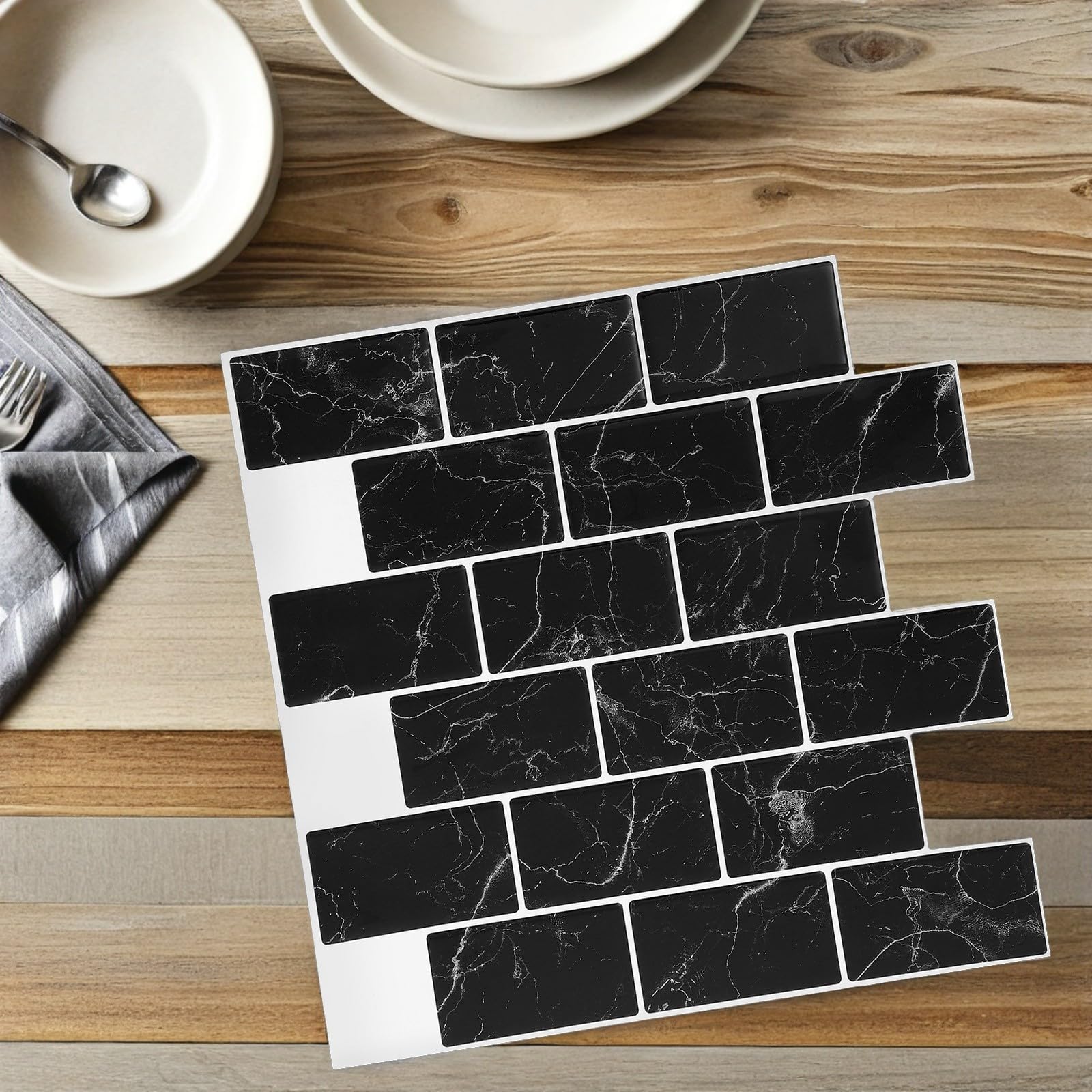 10 Pezzi Piastrelle Adesive per Cucina e Bagno 3d Effetto Mattone Nero, Impermeabili e Antimacchia in Poliuretano Adesivo Pet, Facili da Rimuovere senza Danni, per Pareti e Piani