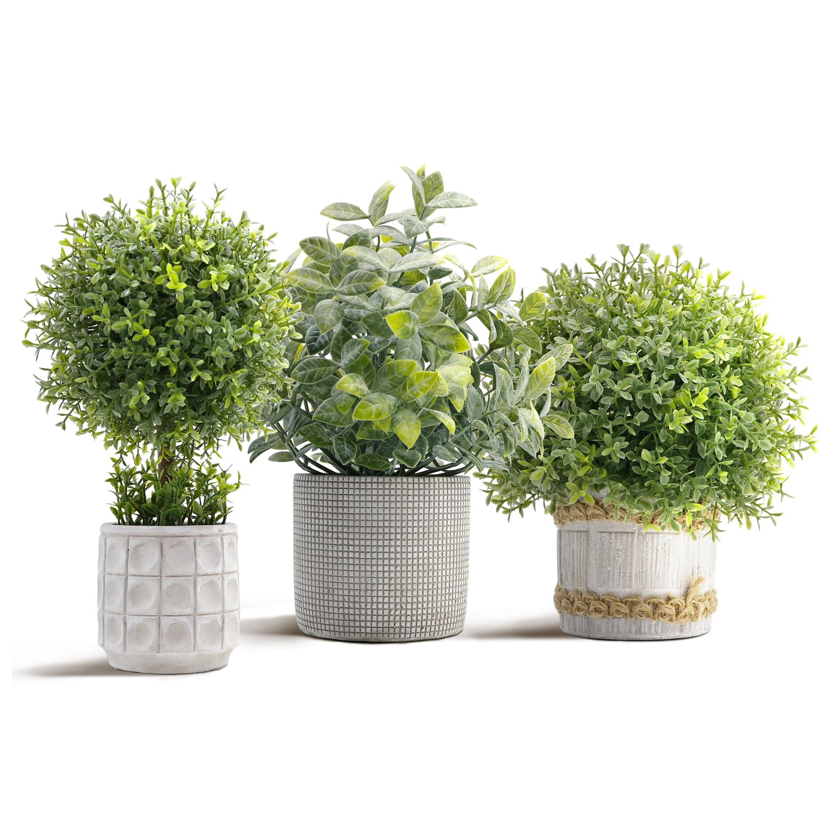 3 Pack Fake Plants in Cement Planter Small Artificial Plants Indoor Faux Potted Plant Boxwood Topiary for Home Bathroom Kitchen Farmhouse Office Shelf Desk Room Decor