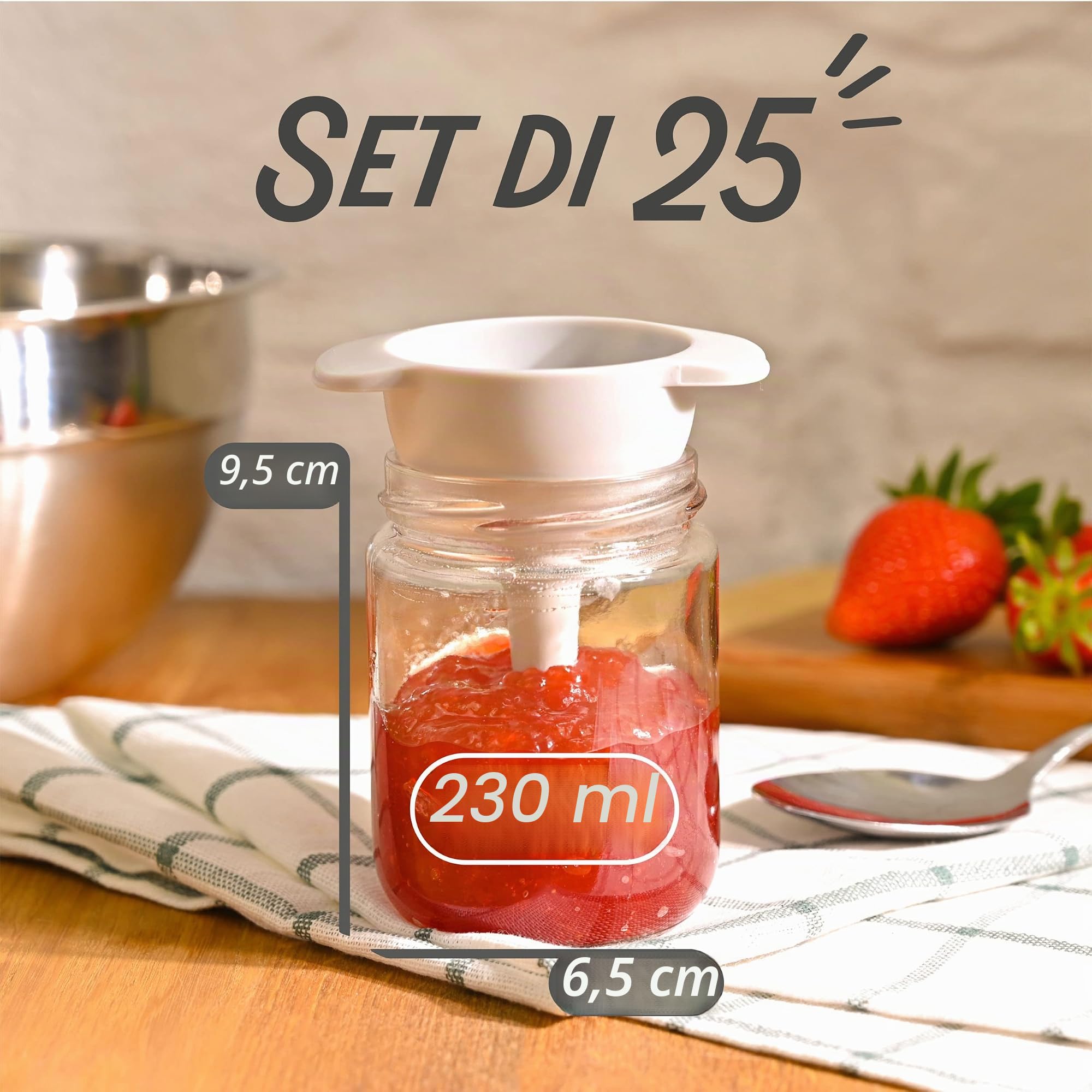 Praknu 25 Vasetti di Vetro per Conserve da 230ml - Con Etichette e Pennarello - Ermetici - Lavabili in Lavastoviglie - Ideali da Regalare