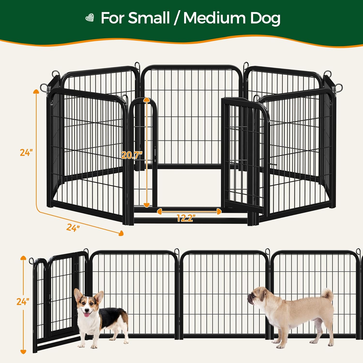 Diagram showing the dimensions of the 24-inch playpen panels and examples of suitable small to medium-sized dogs.