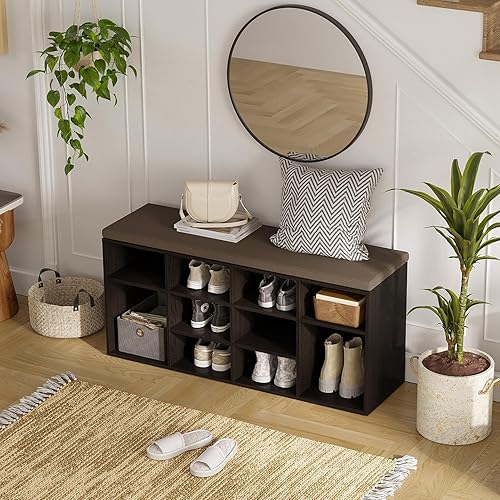 Miniatura 187 de DINZI LVJ Banco organizador de zapatos con cojín, zapatero de 9 cubos y estantes ajustables, multifuncional, para salas de estar, dormitorio, Gris