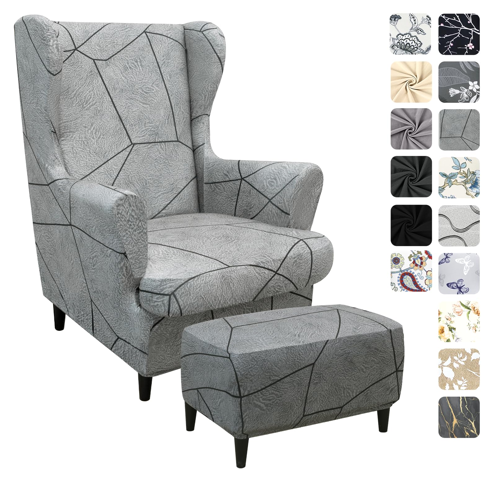 Alishomtll 3-delige oorfauteuilhoes met voetenbankhoes, stretch, stoelovertrek, elastische stoelhoes, strandmon tijger, stoelovertrek met armleuning, hoge rugleuning, universeel (gele bloemen