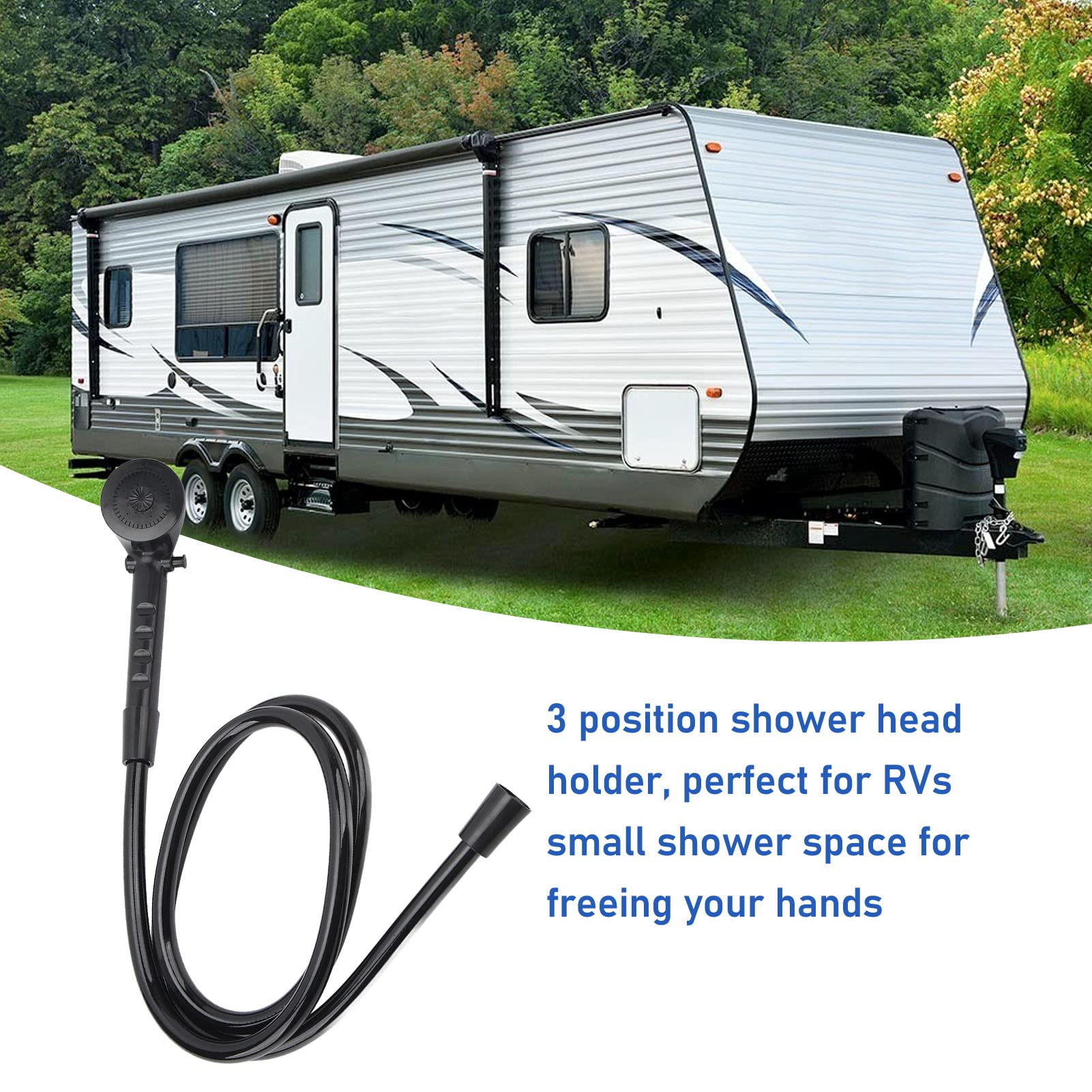 Aramox Camper Cabezal de Ducha de Mano para RV Camper Van Remolque de Viaje Motorhom, Juego de Ducha de Mano Manguera de 1,5 M Cabezal de Ducha de 3 Posiciones (Negro)