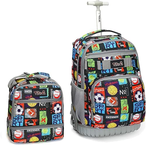 Tilami Mochila con ruedas, mochila para laptop de 19 pulgadas con ruedas y lonchera, bolas deportivas, 18.92x12.87x8.27inch