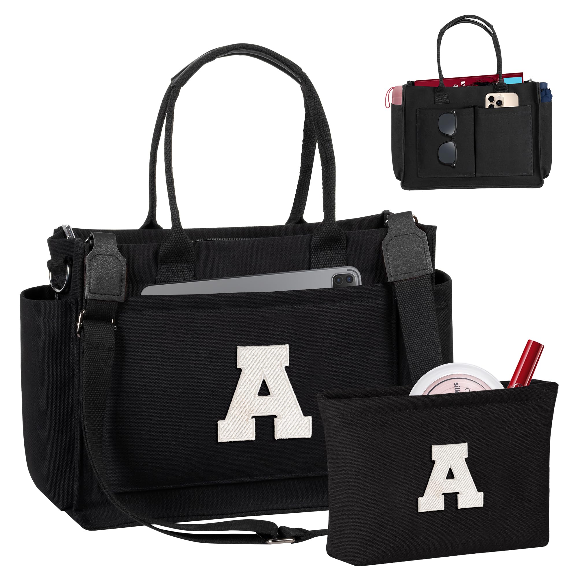 Freesya Birthday Gifts for Women Mom, Initial Tote Bag with Makeup Bag, Teen Girl Gifts Trendy Stuff, Graduation Gift