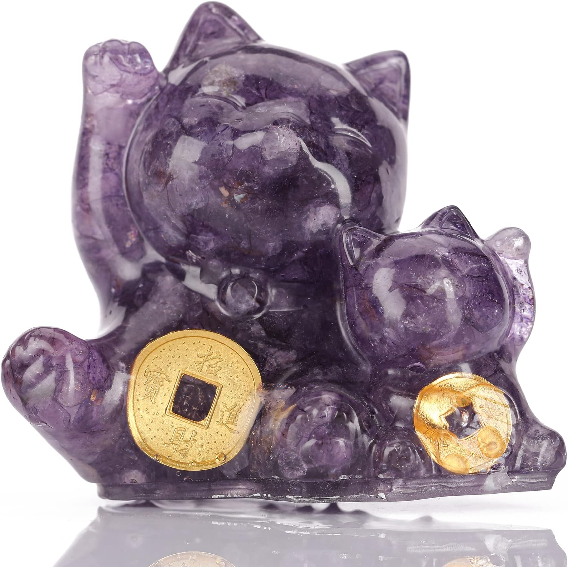 Crystal Lucky Cat Figurine Hand Carved Mother and Child Double Money Cats Maneki Neko Statue Feng Shui Decoration for Home Office Attract Good Luck Money Wealth(Amethyst)