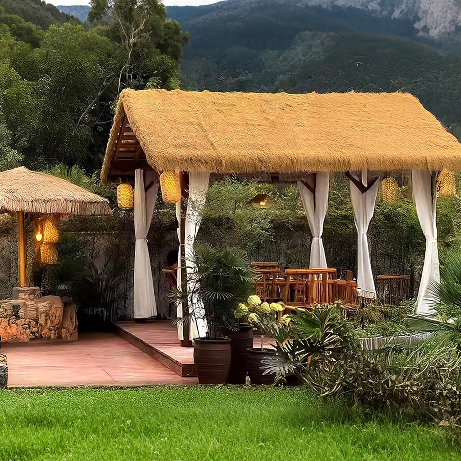 Thatch Roofing ，Artificial Tiki Hut Grass Roof for Patio Decorations, Fireproof Synthetic Straw Roll for Pool and Beach Parties