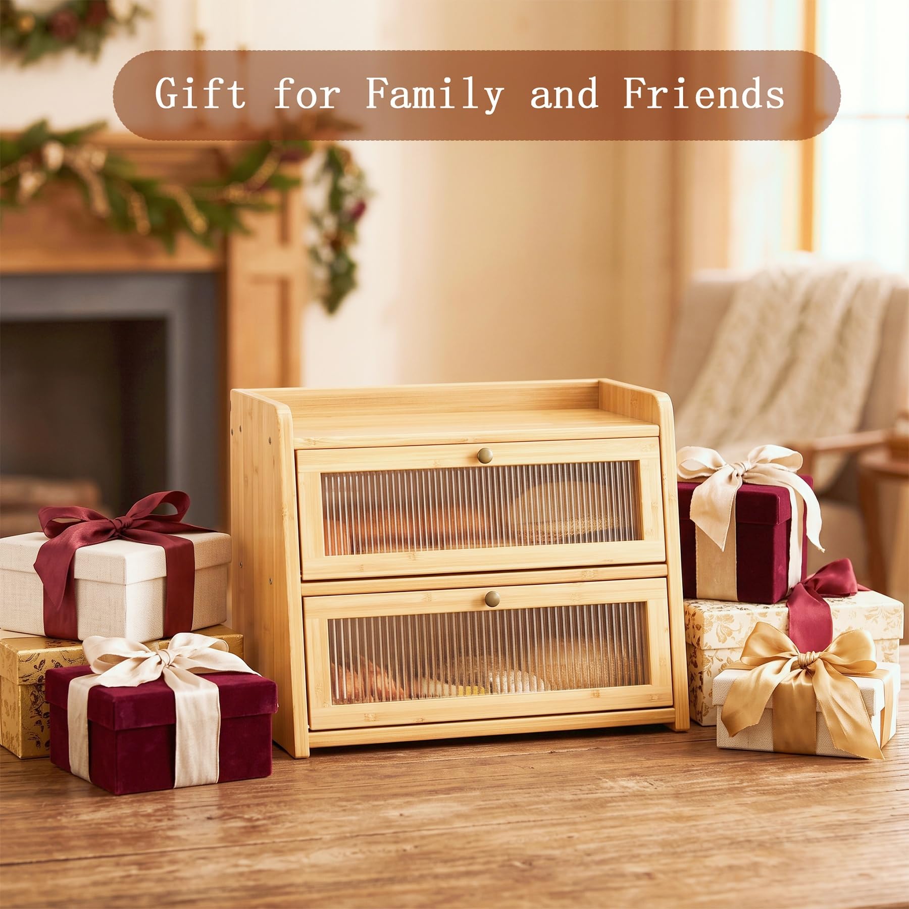 Panera grande de bambú de doble capa para encimera de cocina, contenedor de almacenamiento de pan de madera de gran capacidad con ventana para pan (bambú natural)