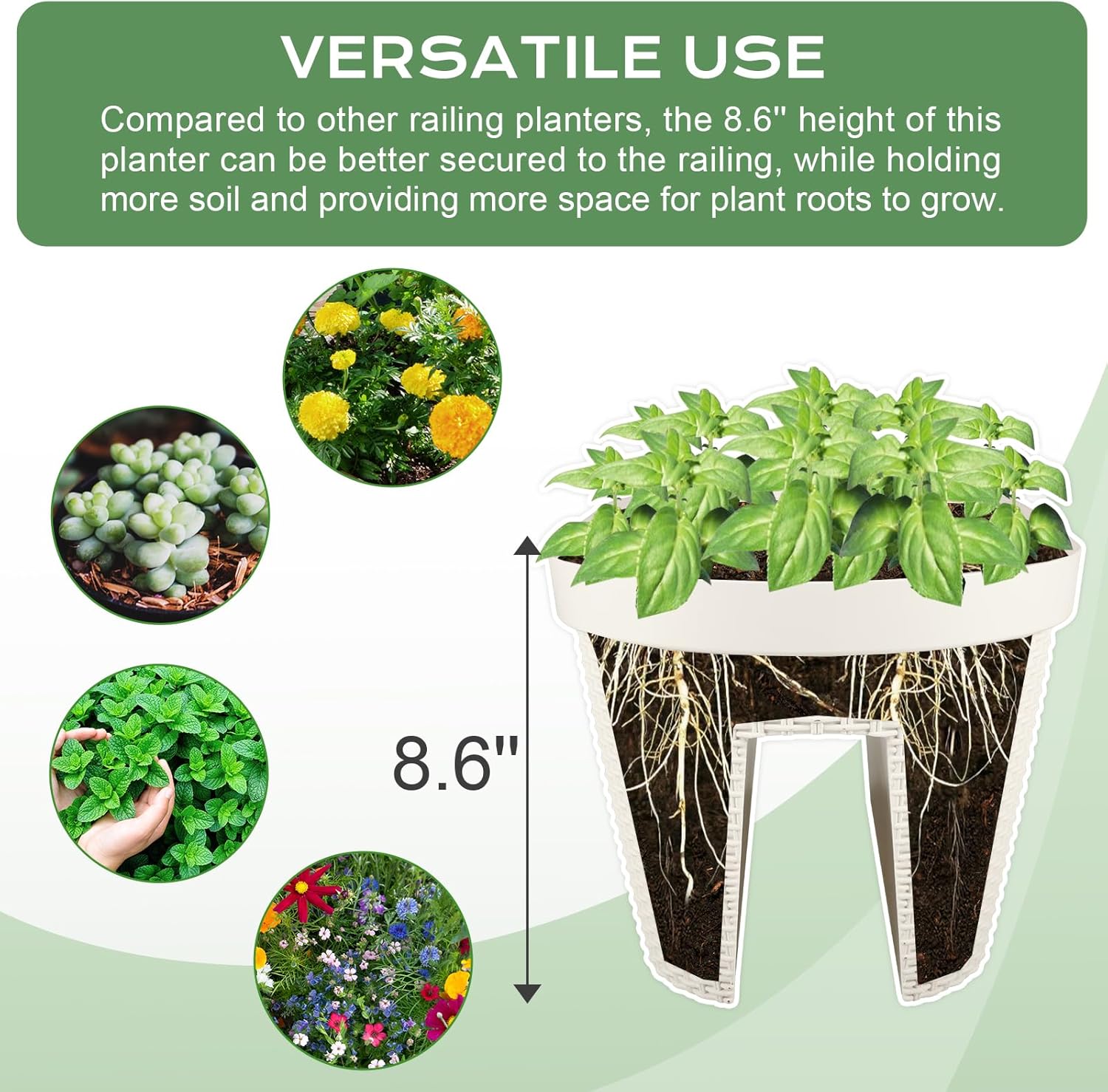 BPS Deck Railing Planter Boxes Set of 4, 20 inch Oval Outdoor Planters with Adjustable Brackets for Patio, Balcony, Fence