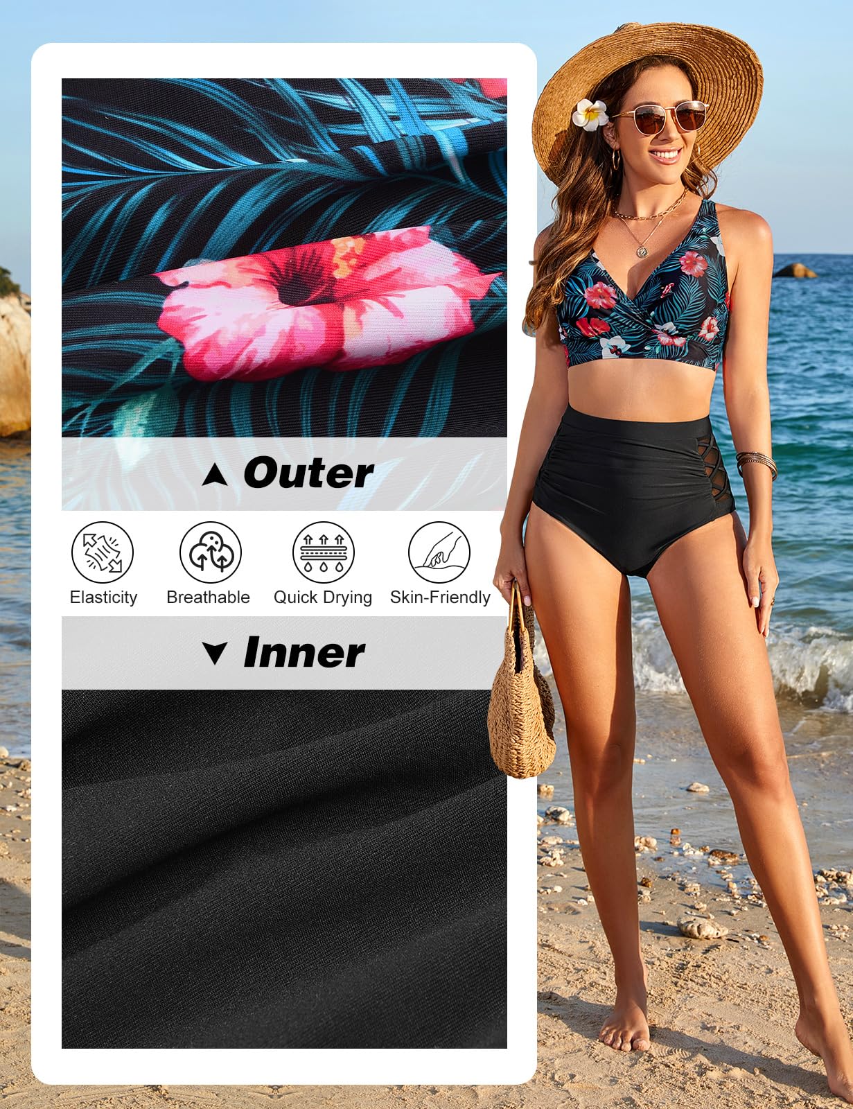 Tuopuda Zestawy bikini damskie stroje kąpielowe z dekoltem w serek plus size dwuczęściowy zestaw strój kąpielowy kontrola brzucha z wysokim stanem letnie bikini plażowe