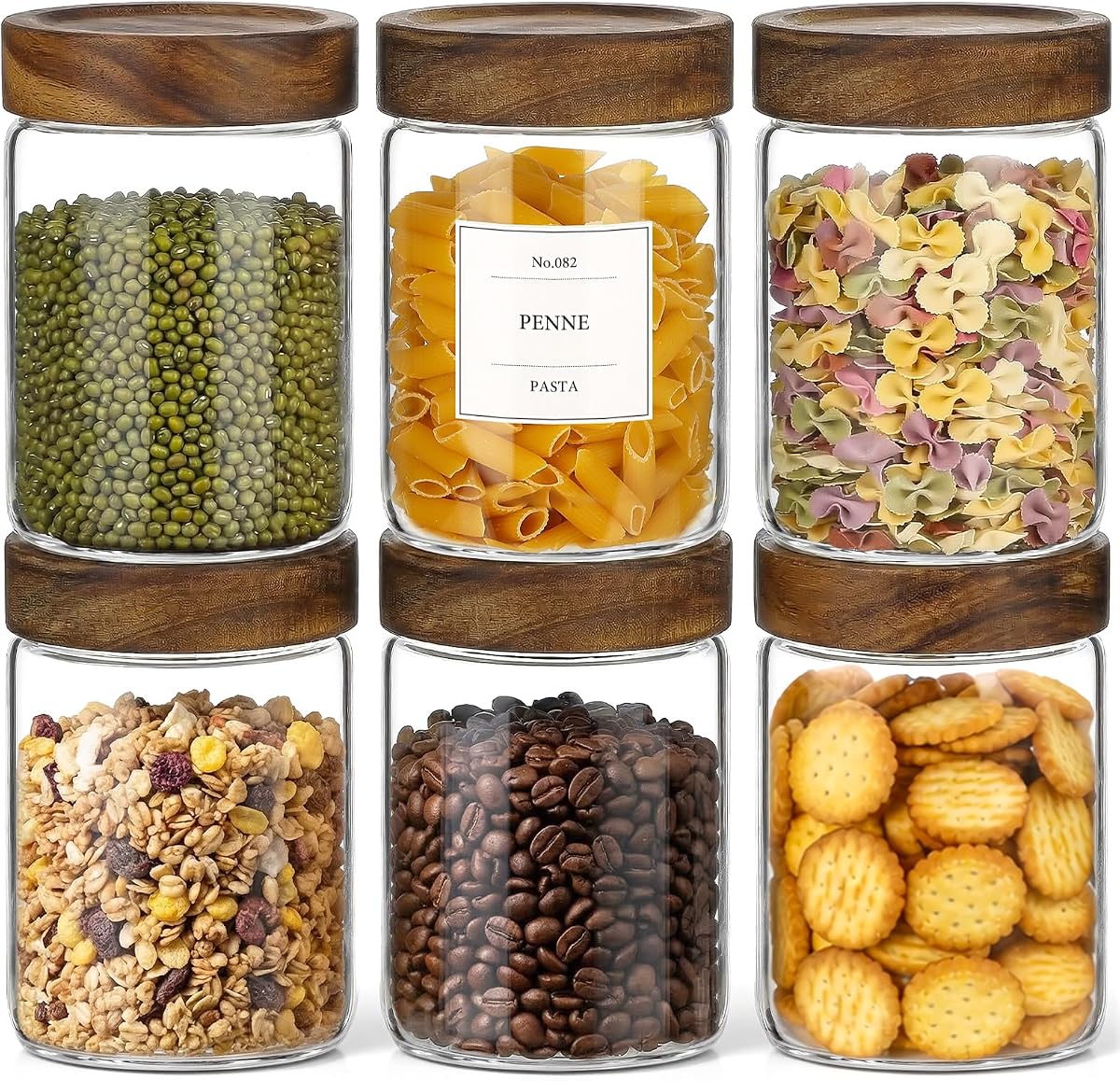 CONNOO 6Pcs- 28 oz Glass Jars with Wooden Lids | Pantry Containers with Wide Mouth Design, Store Rolled Oats, Coffee & Dry Foods, Includes 120 Waterproof Labels