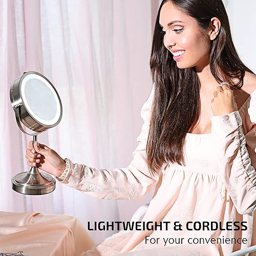 Vista 51 de OVENTE Espejo de maquillaje de mesa de 7 pulgadas con aumento 1X/7X, diseño giratorio de 360° y espejo de tocador independiente de doble cara, Cromo