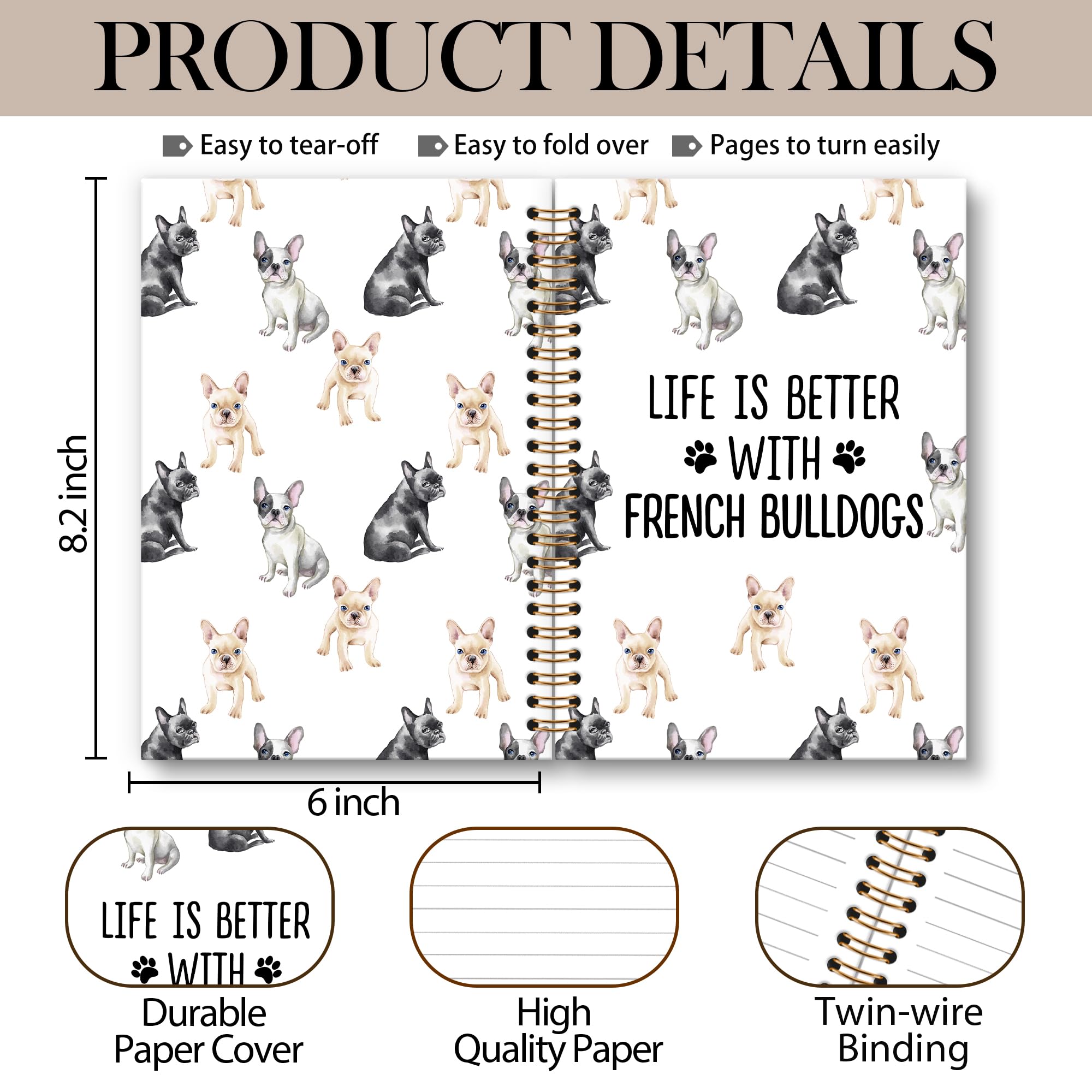 Cuaderno de perro bulldog francés, cuaderno en espiral, regalos de Frenchie, cuadernos de perros, regalos para amantes del bulldog francés, propietarios, mujeres y hombres, suministros de