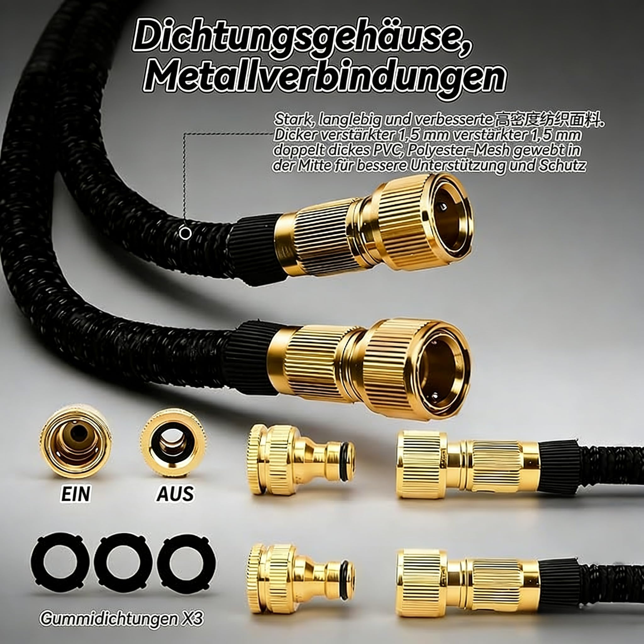 Latex-Expander-Gartenschlauch | Flexibler Wasser-Gartenschlauch mit 3/4" & 1/2" Metall-Anschlüssen | Knickfrei & Leicht | 10-Funktionen Spritzdüse für Gartenbewässerung, Autowäsche (150FT)