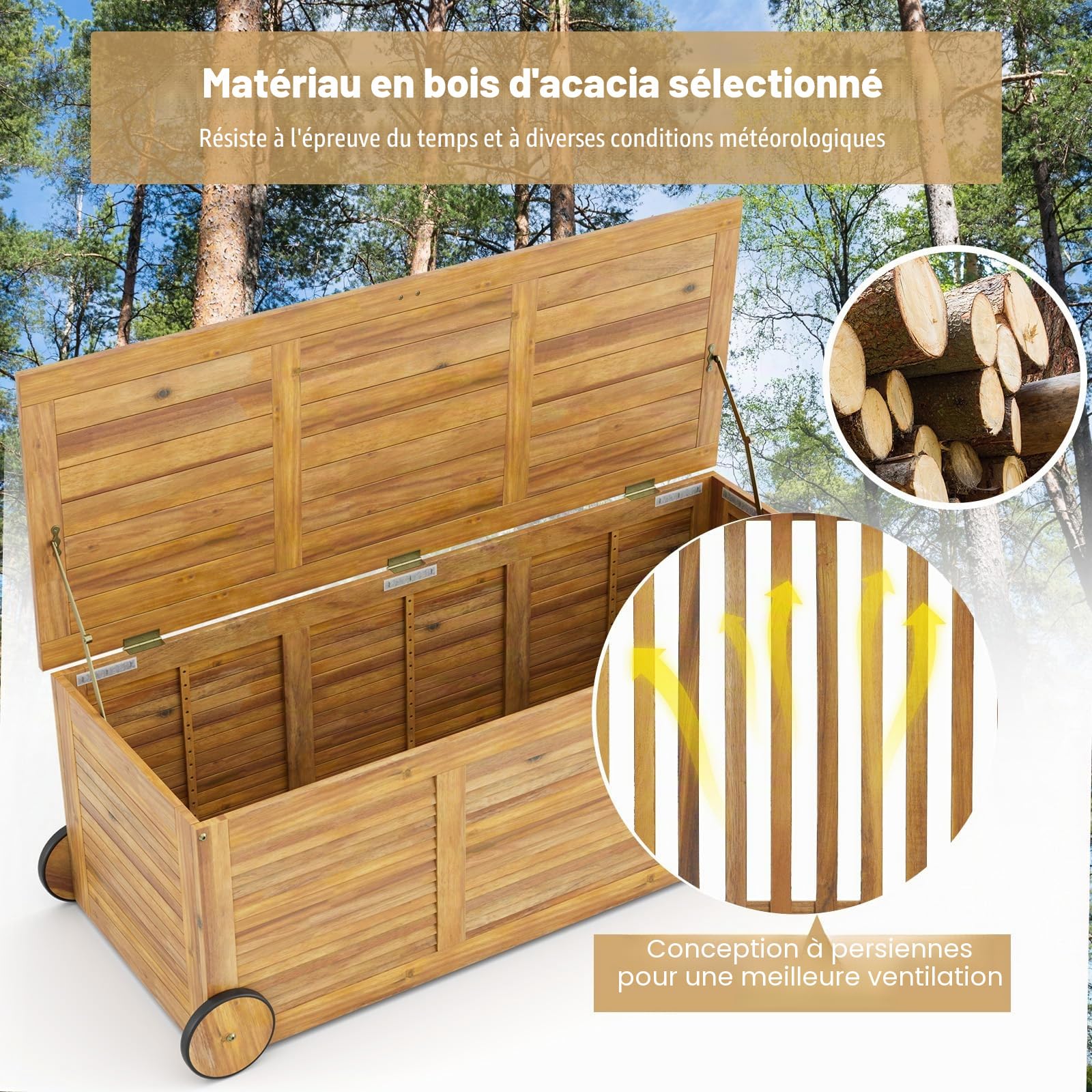 KOMFOTTEU Coffre de Jardin 182 L avec Roulettes et Poignées, Boîte en Bois d'Acacia, Banc de Rangement Extérieur mobile, 127 x 50 x 45 cm