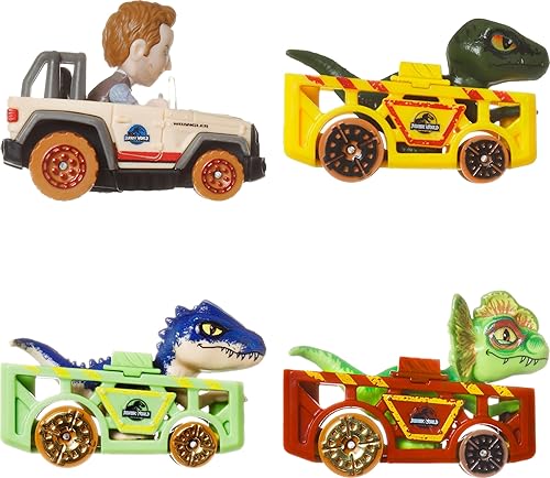 Miniatura 5 de Hot Wheels Coches de juguete, RacerVerse, paquete de 4 vehículos fundidos a presión con personajes de Jurassic World Charlie, Owen, Dilophosaurus y