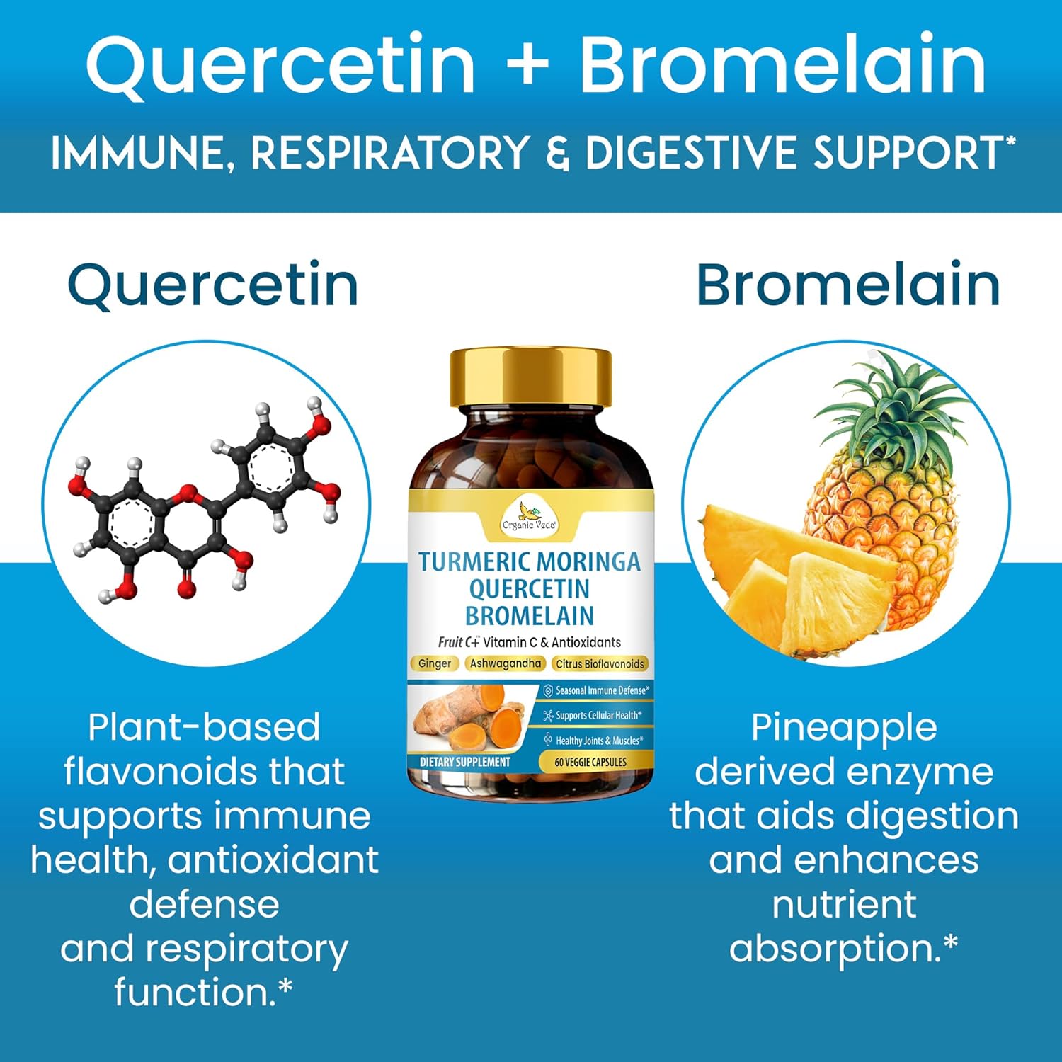 Organic Veda Turmeric Moringa Quercetin with Bromelain Capsules - Fruit C+ Vitamin C Antioxidants Immune System & Respiratory Supplement - Ashwagandha, Ginger, Citrus Bioflavonoids, 60 Vegan Capsule