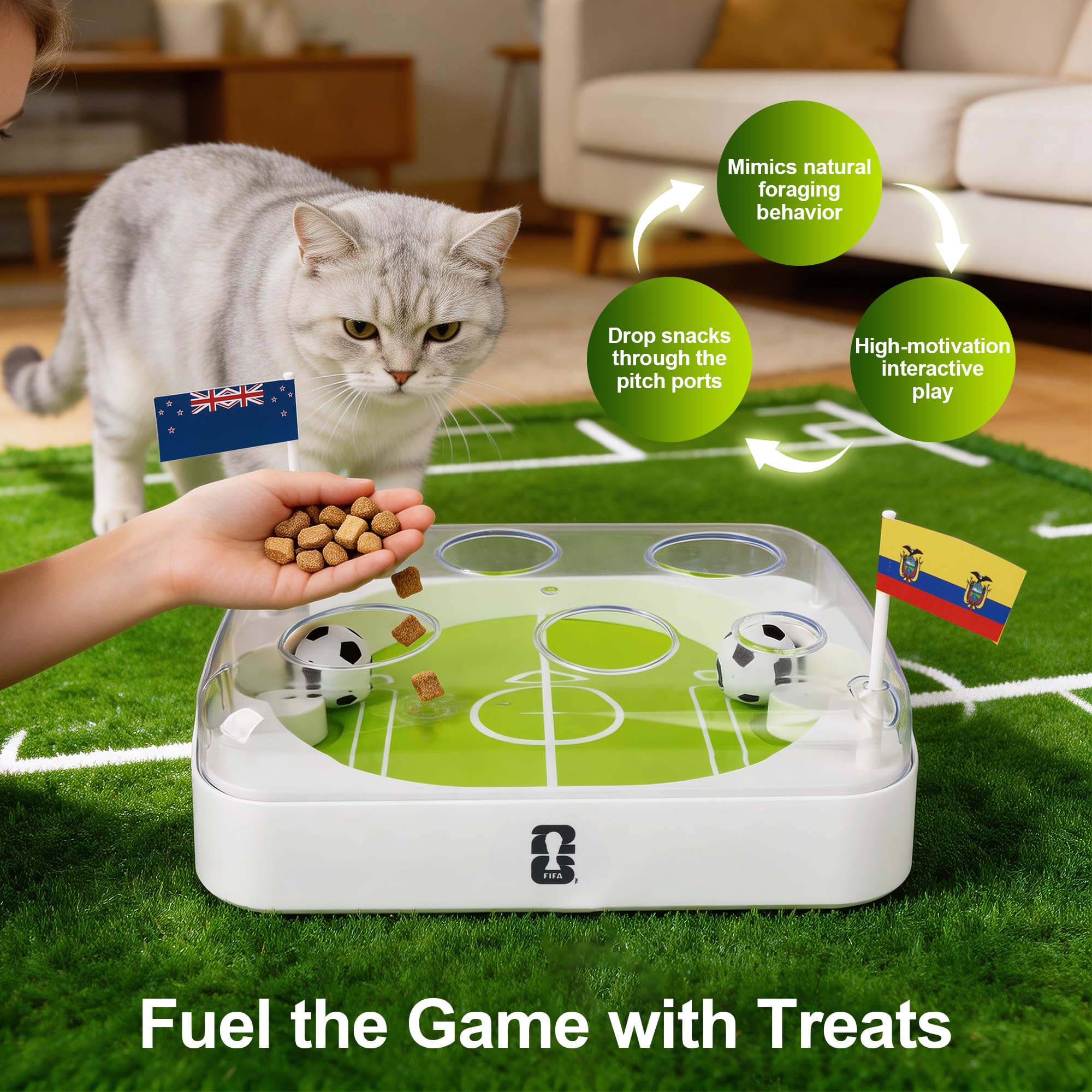 Offizielle FIFA WM 2026 Edition - Interaktives Katzenspielzeug mit Fußballfeld-Design, automatisches Katzenspielzeug mit bewegungsaktivierten Flip-Push-Bällen, anpassbare Team-Aufkleber, perfekt für
