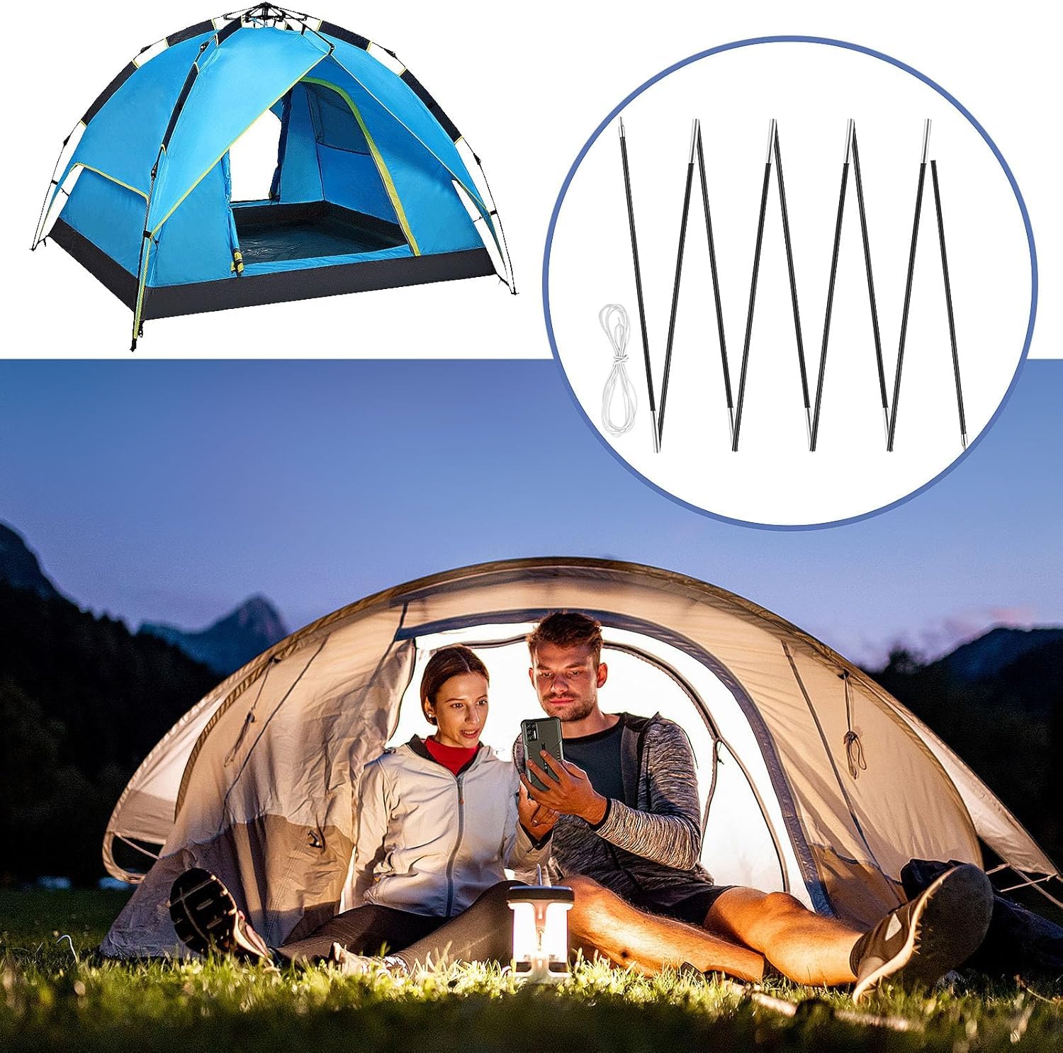 4,5 m Fiberglas Zeltstange Ersatz Zeltgestänge – Verstellbare Camping Zeltstangen mit Elastischer Schnur, Faltbare Glasfaser Zeltstangen Set für Zelt, Markise, Tarp & Outdoor Camping Zubehör