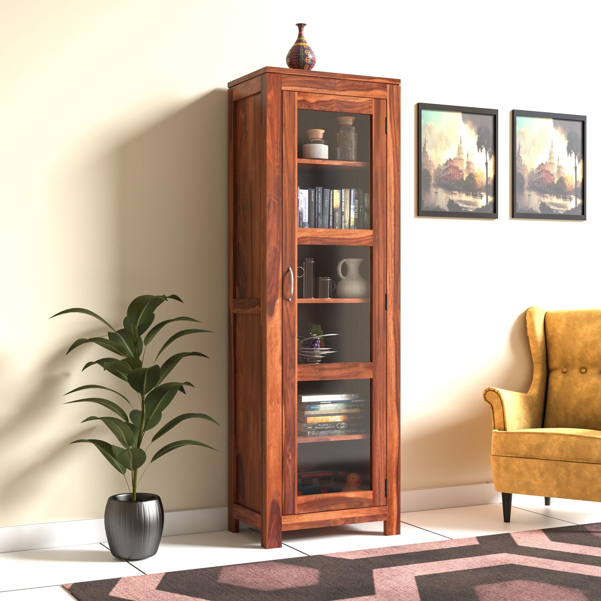 BAGARI ARTS Wood Book Shelf with Glass Door, Bookshelf for Home Library, Crockery Cabinet, Kitchen Cabinet Storage, Books Rack,Book Stand,BookCases,Shelves, Honey