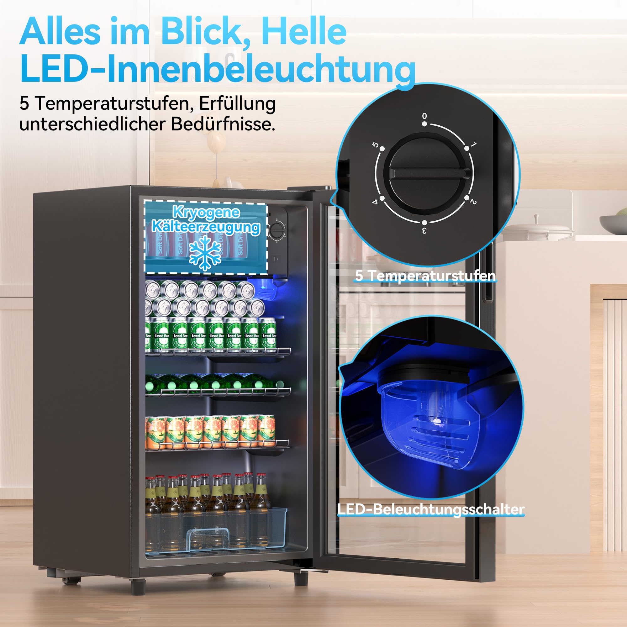 TRIUMPHKEY Nevera para Bebidas, Nevera Compacta de 85 Litros con Luces LED Azules, Nevera para Cerveza, Diseño de Puerta Completa de Cristal con 4 Estantes y Botelleros para Refrescos, Cerveza y Vino.