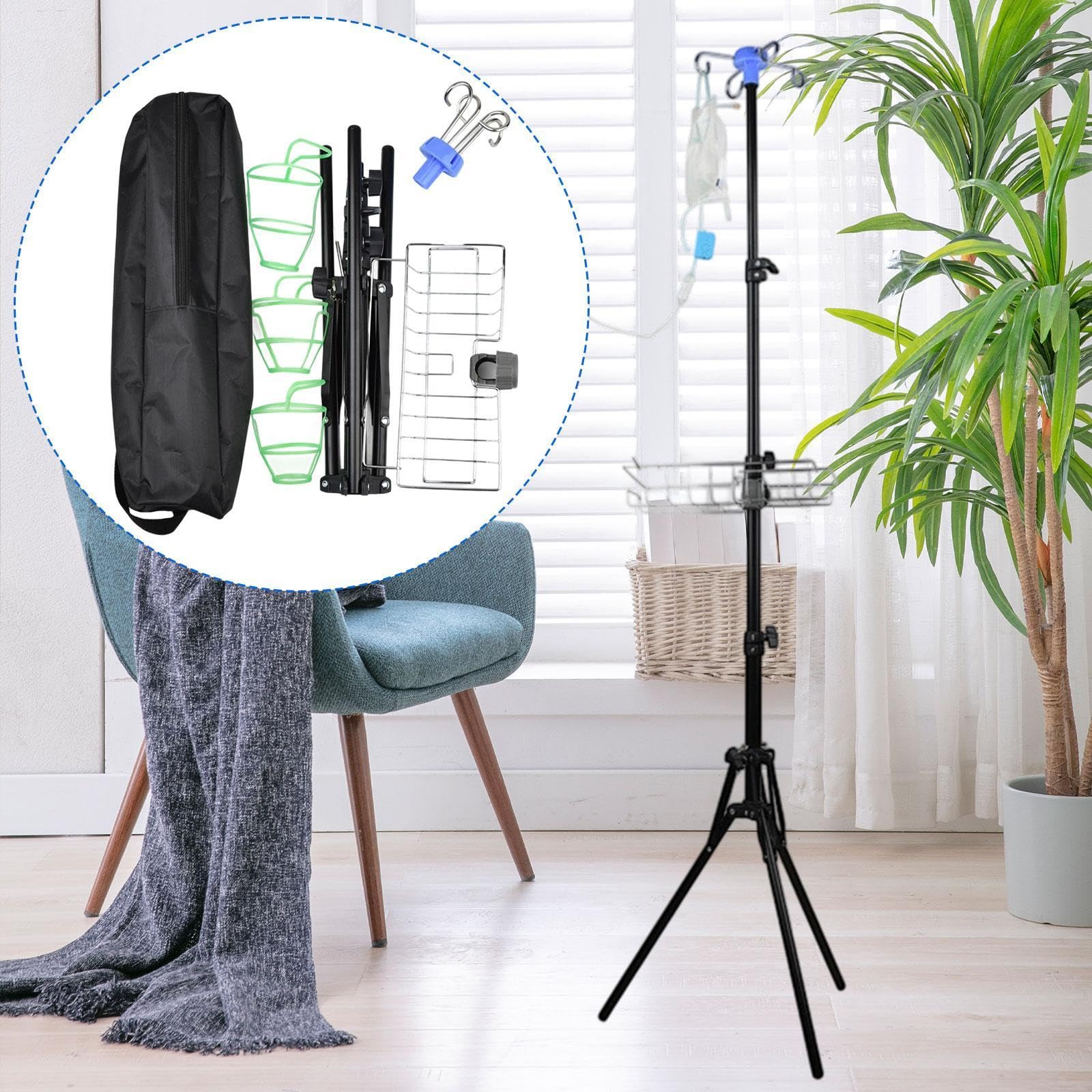 Supporto per Flebo Portatile con 4 Ganci Rimovibili Design Pieghevole E Altezza Regolabile Materiale Resistente Adatto a Casa Viaggi E Strutture Sani, con Cestino