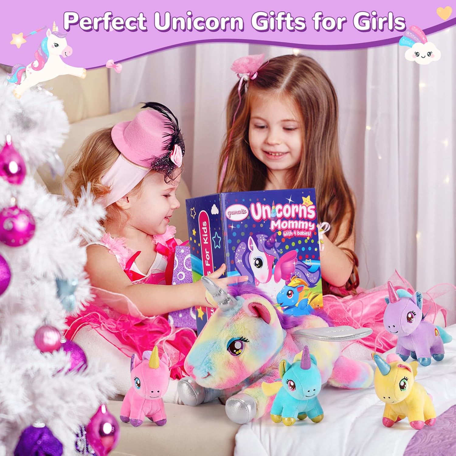 gnomantic 5 Pieces Unicorn Stuffed Animals - 1 Mommy Stuffed Unicorn with 4 Babies - Unicorns Gifts for Girls Ages 3-8, Unicorns Plush Toys for Christmas, Valentine's, Birthday Gifts (Rainbow)