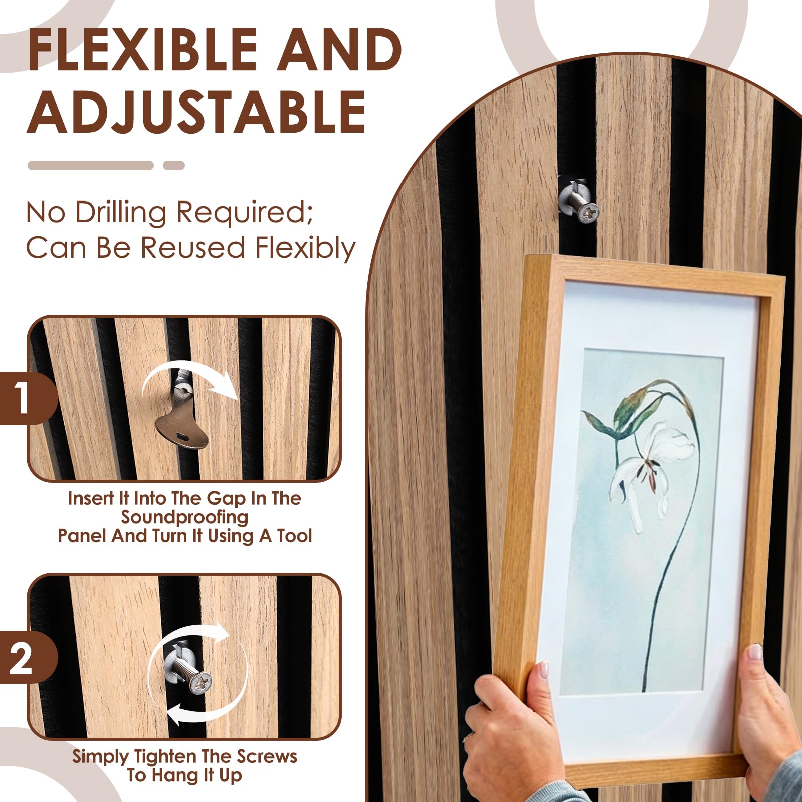 Accessori per pannelli acustici, 6 ganci per pannelli acustici, senza foratura, gancio regolabile flessibile per pannelli fonoassorbenti, adatti per appendere cornici, mensole e decorazioni da parete