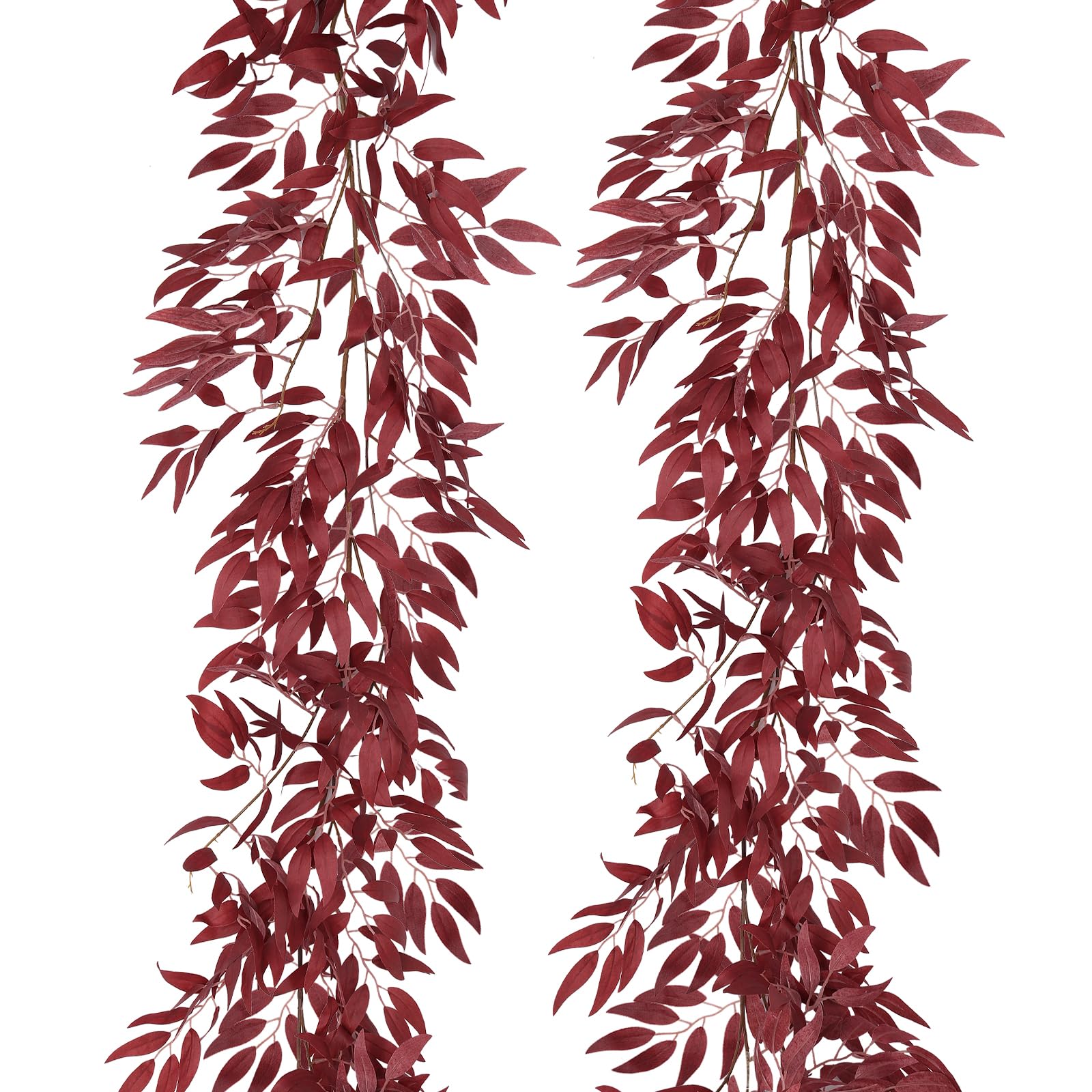 RECUTMS Artificial Hanging Willow Leaves Vine Twigs 2Pcs 5.7Ft Fake Silk Burgundy Leaf Ivy Fall Garland Faux Greenery Indoor Outdoor Valentines Day Wedding Birthday Christmas Thanksgiving Party Decor