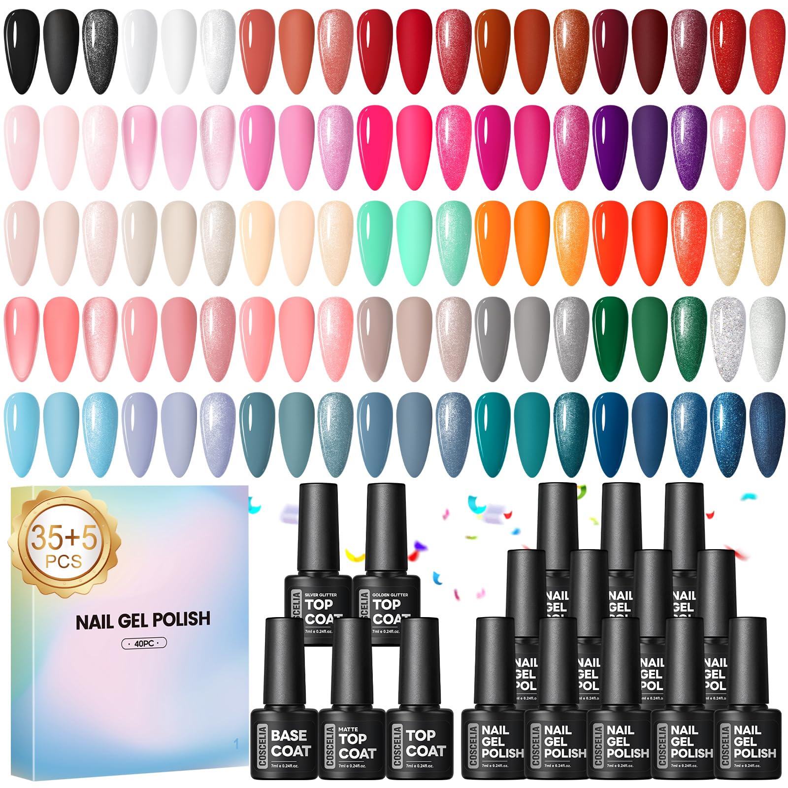 COSCELIA 40Pcs Vernis Semi Permanent, 35 Couleurs Vernis Gel UV Semi Permanent avec Base Coat Top Coat Mat Brillant Pailleté, Rouge Blanc Rose UV/LED Vernis à Ongles pour DIY Kit Manucure